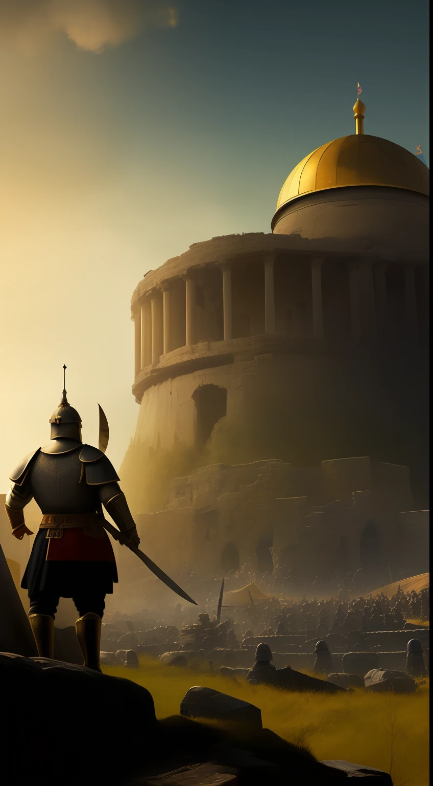 (masterpiece, UHD, digital art, detailed by Dariusz Zawadzki:1.3), King Alaric I, regal and resolute, (5th-century attire:1.2), ornate crown atop his head, leading his Visigoth warriors, united in battle, (on a war-torn battlefield:1.4), strewn with fallen soldiers, crumbling structures, intense conflict, a sense of historical weight, richly textured environment, cool colors, mid-action, side view, looking out with determination.