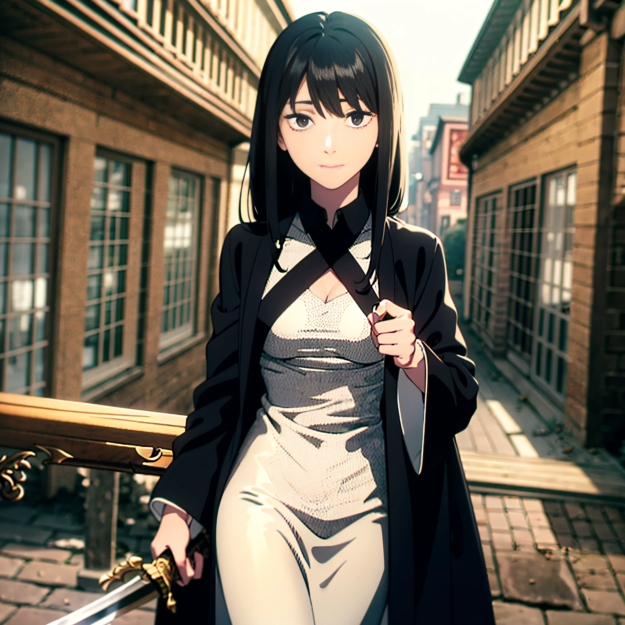 best quality, masterpiece, girl, black hair, black eyes, loose robe, in a shabby yard with a mahogany sword in hand,
