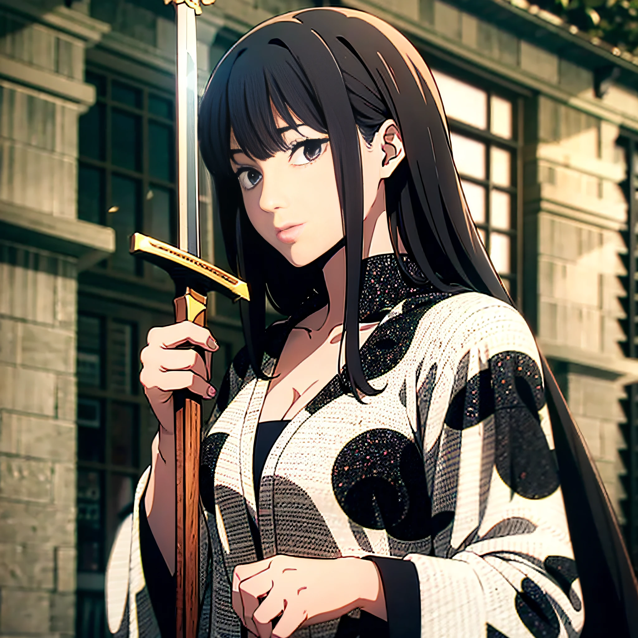 best quality, masterpiece, girl, black hair, black eyes, loose robe, in a shabby yard with a mahogany sword in hand,