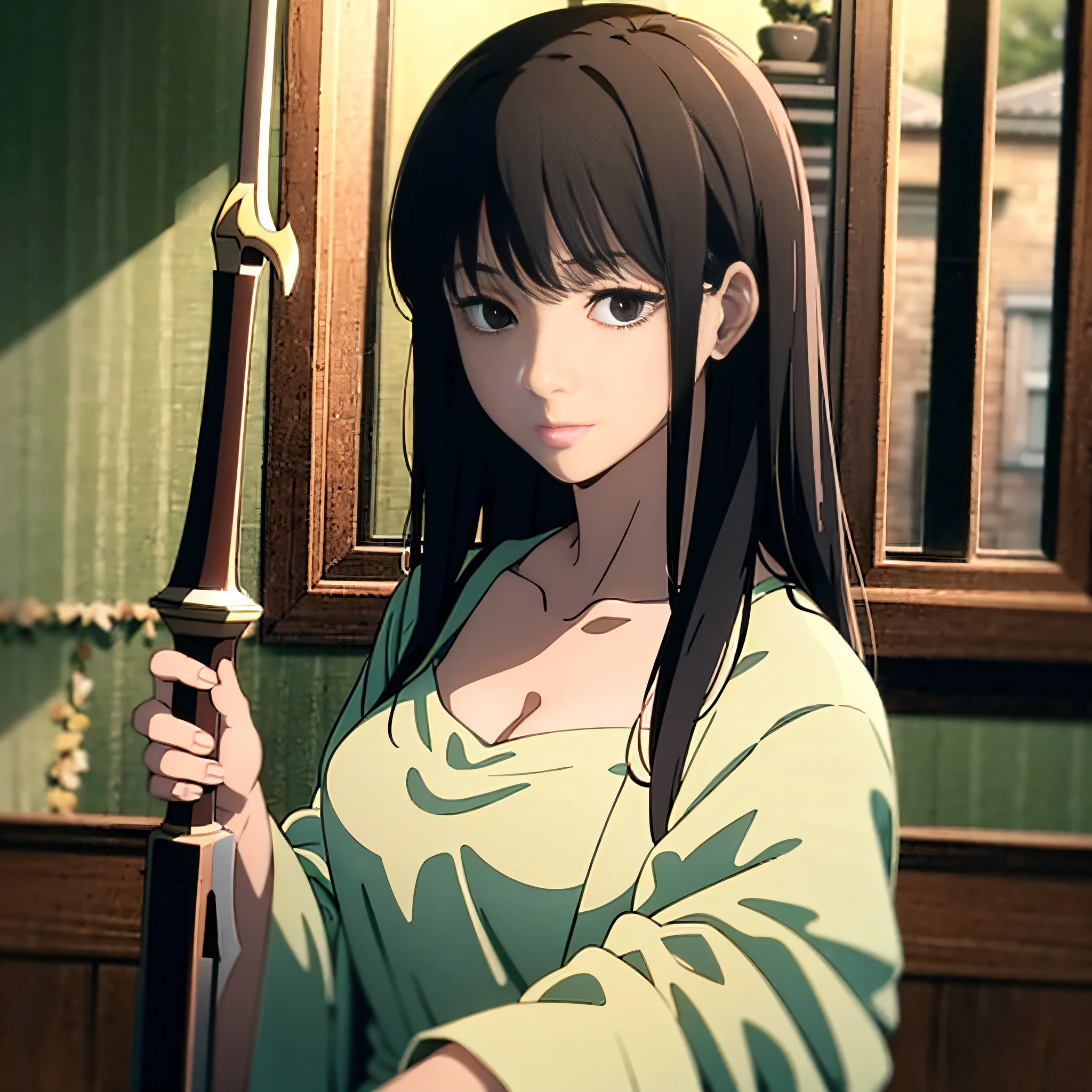 best quality, masterpiece, girl, black hair, black eyes, loose robe, in a shabby yard with a mahogany sword in hand,