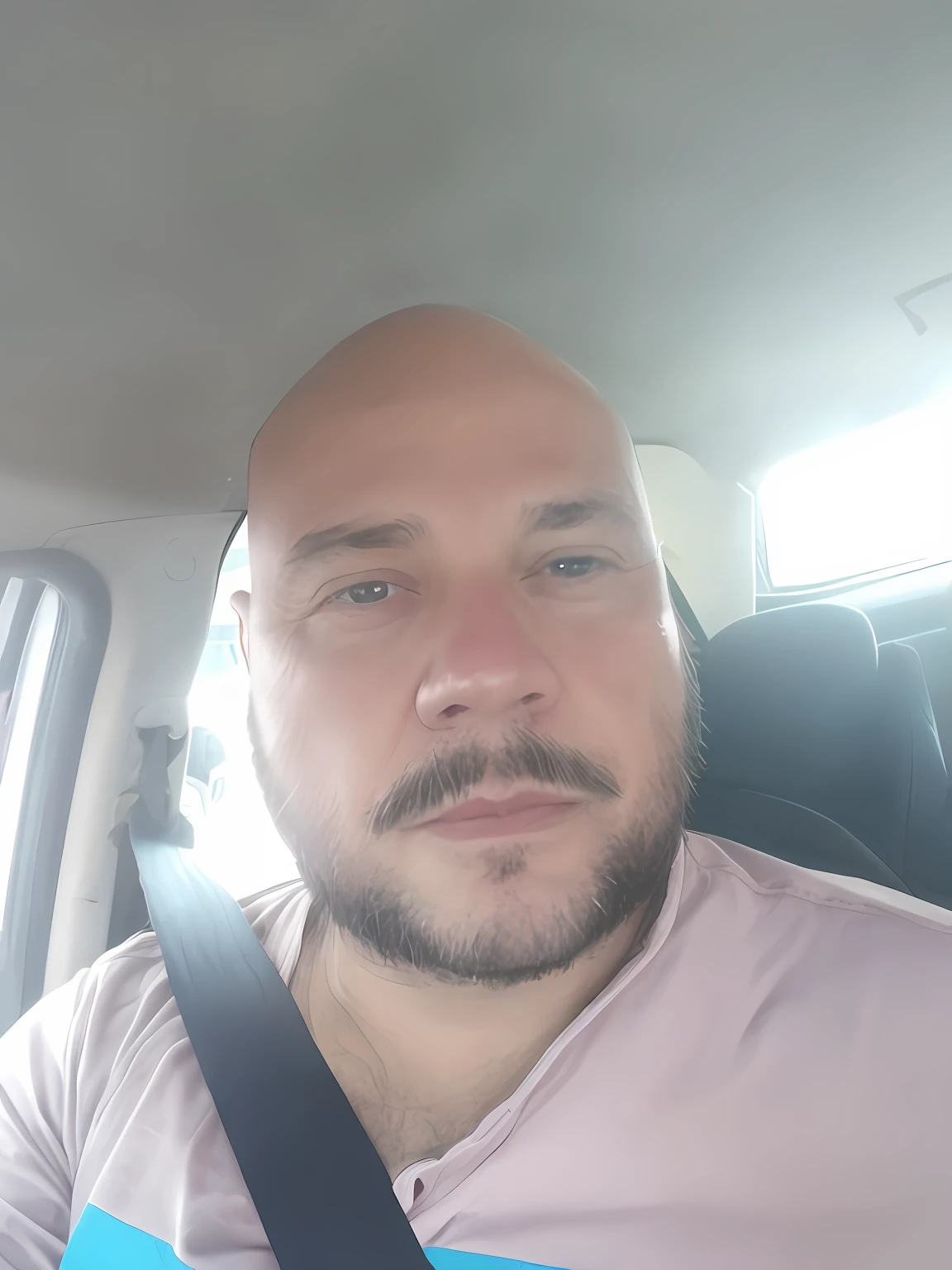 Man in a car with blue seat belt, about 35 years, 32 years, 40 years, 36 years, bald with short beard, 38 years, taken in early 2020, 38 years, 29 years, 32 years - man.