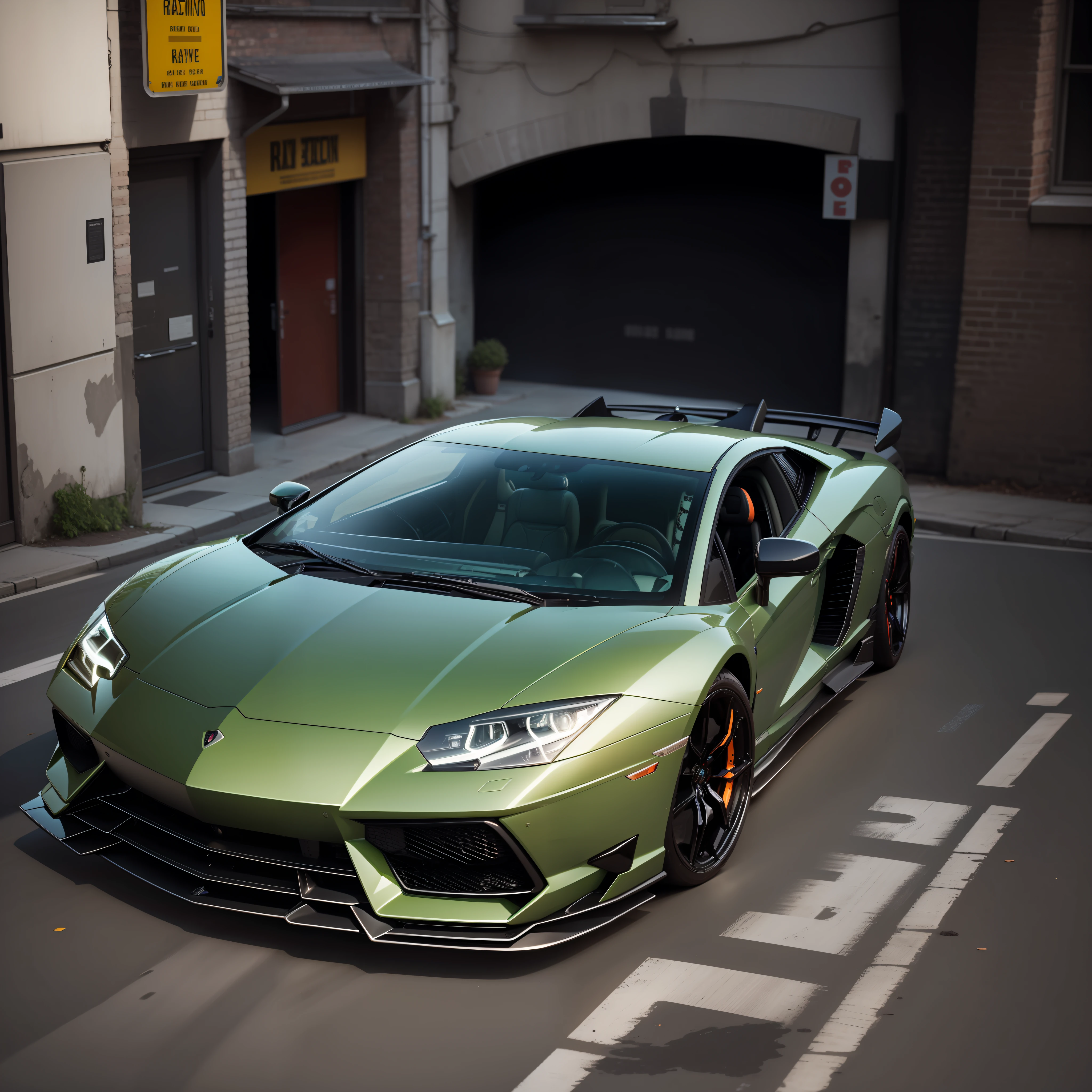 Lamborghine, green neon details, black car, ray tracing, 8k.