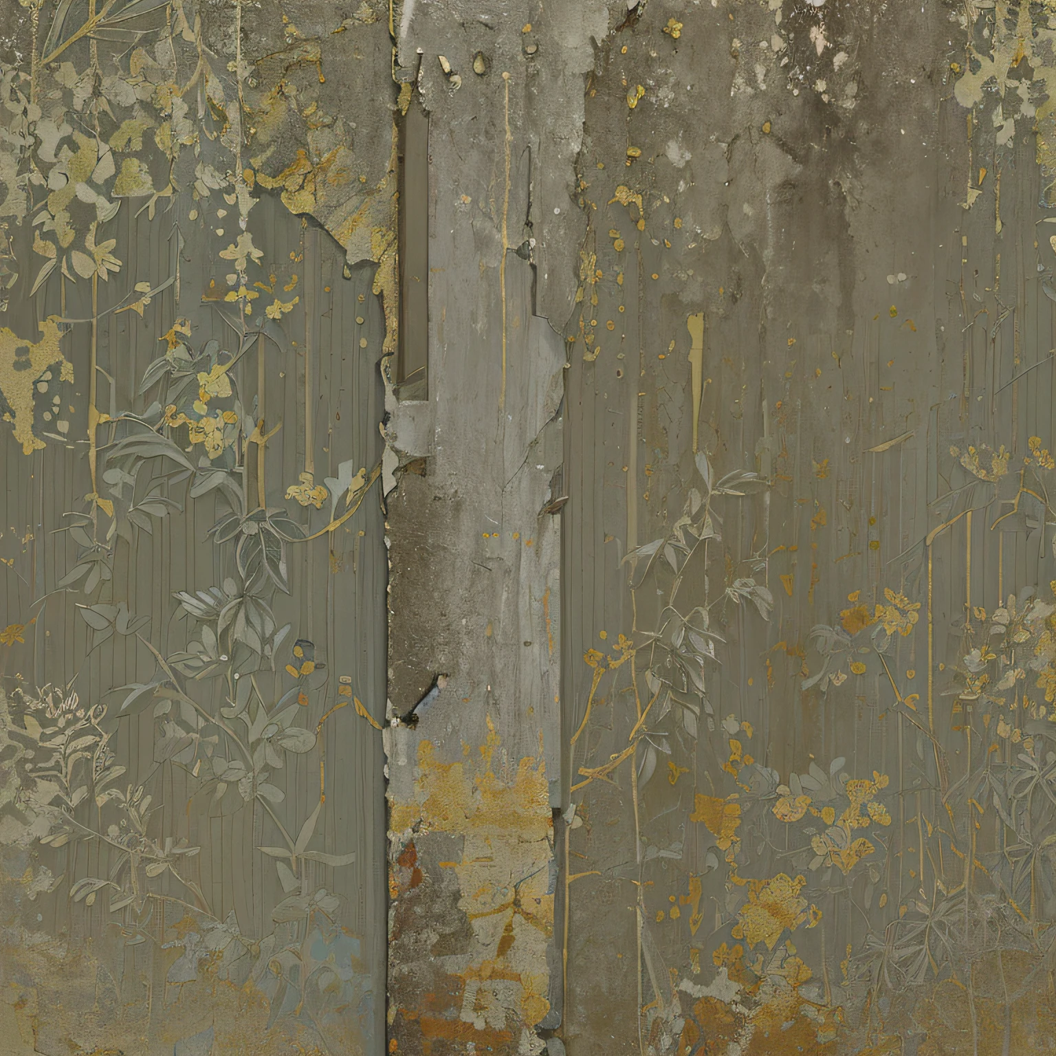 arafed wallpaper with a floral pattern and a bird on it, yellowing wallpaper, worn mono - yellow wallpaper, worn decay texture, wall paper, decay texture, wallpaper design, wallpaper on the walls, overgrown background, weathered olive skin, tattered fabric, torn paper intricate texture, faded chipped paint, cracked and faded photo paper, gold flaked flowers
