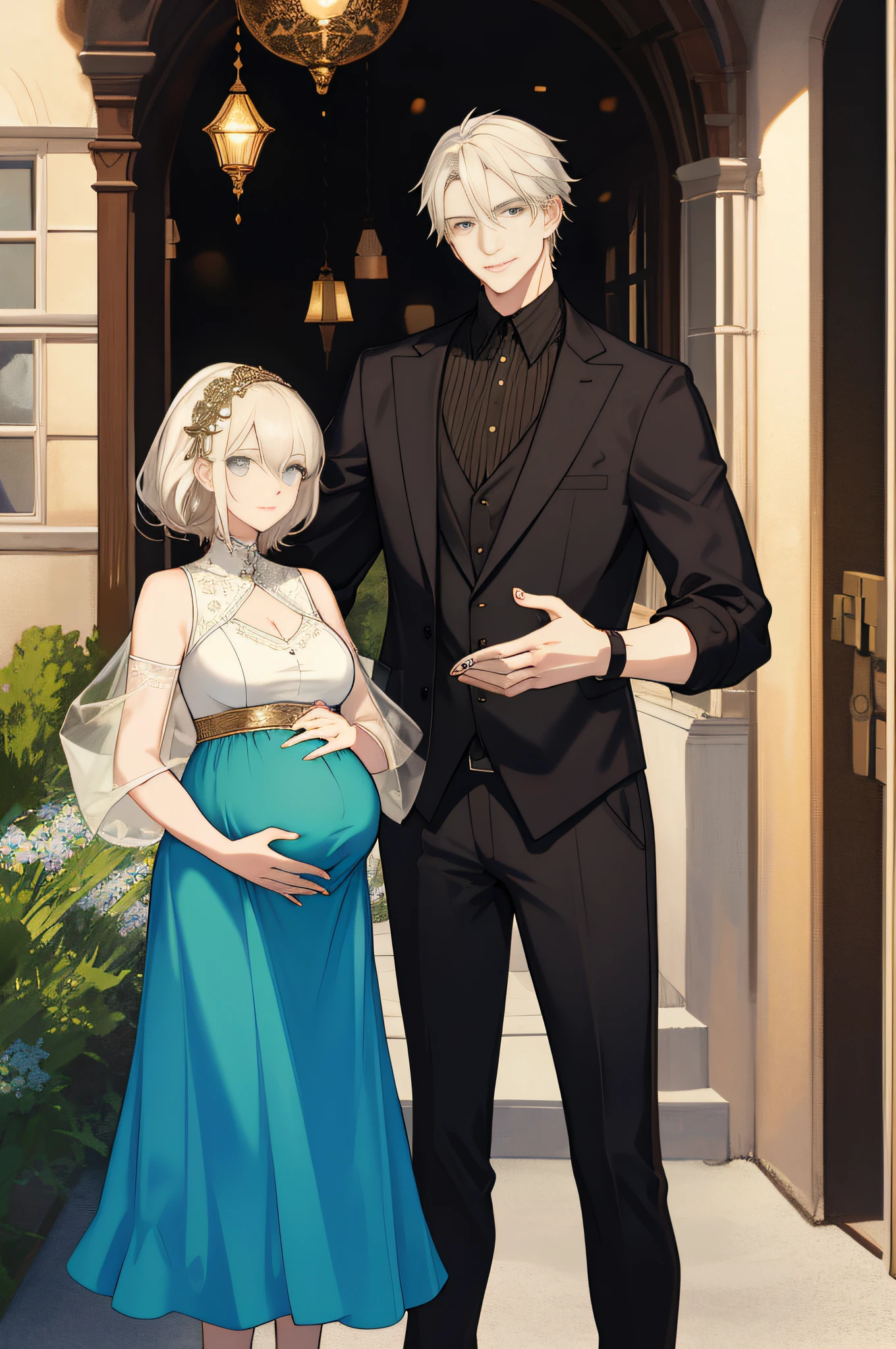 Masterpiece, Excellent, 2 people, a man standing next to a pregnant woman, a woman pregnant, 1man with 1woman, mature, adult, height difference, different fashion, different skin tones, delicate eyes and delicate face, intricate details, white linen with patches on it, oversized, country lanes, smile,