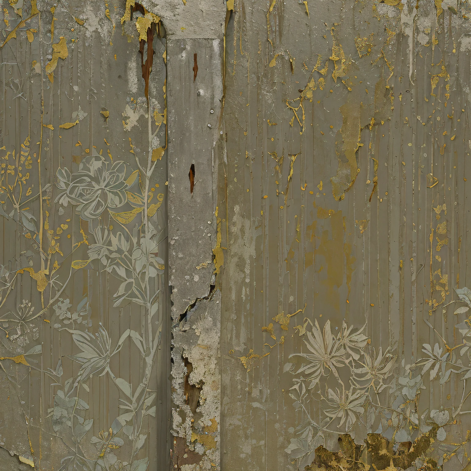 arafed wallpaper with a floral pattern and a bird on it, yellowing wallpaper, worn mono - yellow wallpaper, worn decay texture, wall paper, decay texture, wallpaper design, wallpaper on the walls, overgrown background, weathered olive skin, tattered fabric, torn paper intricate texture, faded chipped paint, cracked and faded photo paper, gold flaked flowers