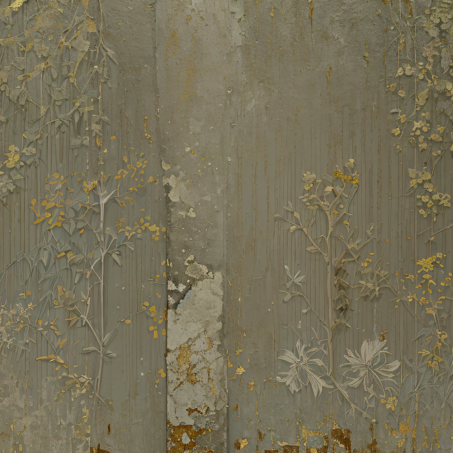 arafed wallpaper with a floral pattern and a bird on it, yellowing wallpaper, worn mono - yellow wallpaper, worn decay texture, wall paper, decay texture, wallpaper design, wallpaper on the walls, overgrown background, weathered olive skin, tattered fabric, torn paper intricate texture, faded chipped paint, cracked and faded photo paper, gold flaked flowers