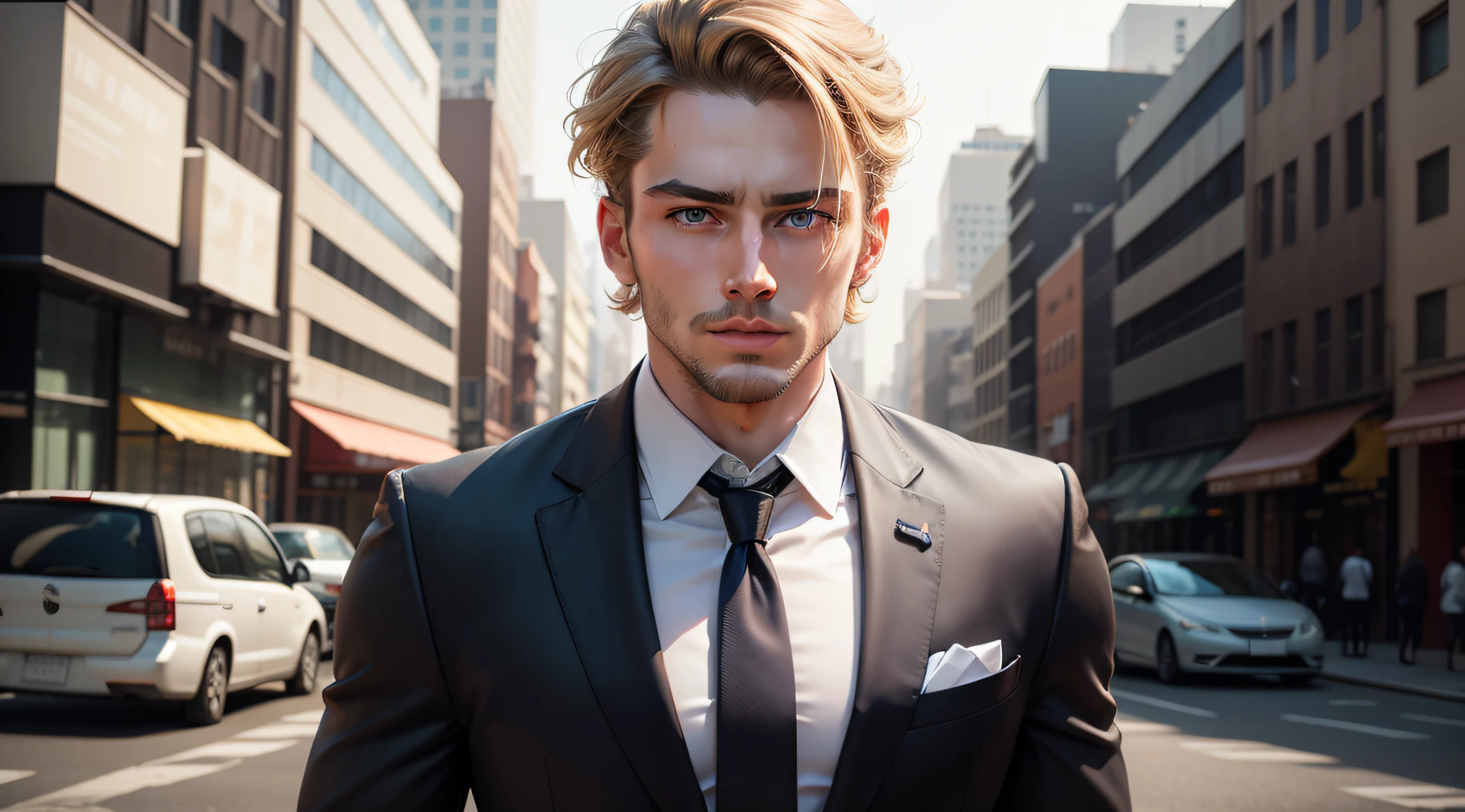 keep my facial features to imagine an elegant 27-year-old man, blue eyes, light brown hair almost blonde, goal face and eyes of a successful man, in a suit, walking down the street while the city runs chaotic in the background, kind of futuristic appearance in 8k highest quality