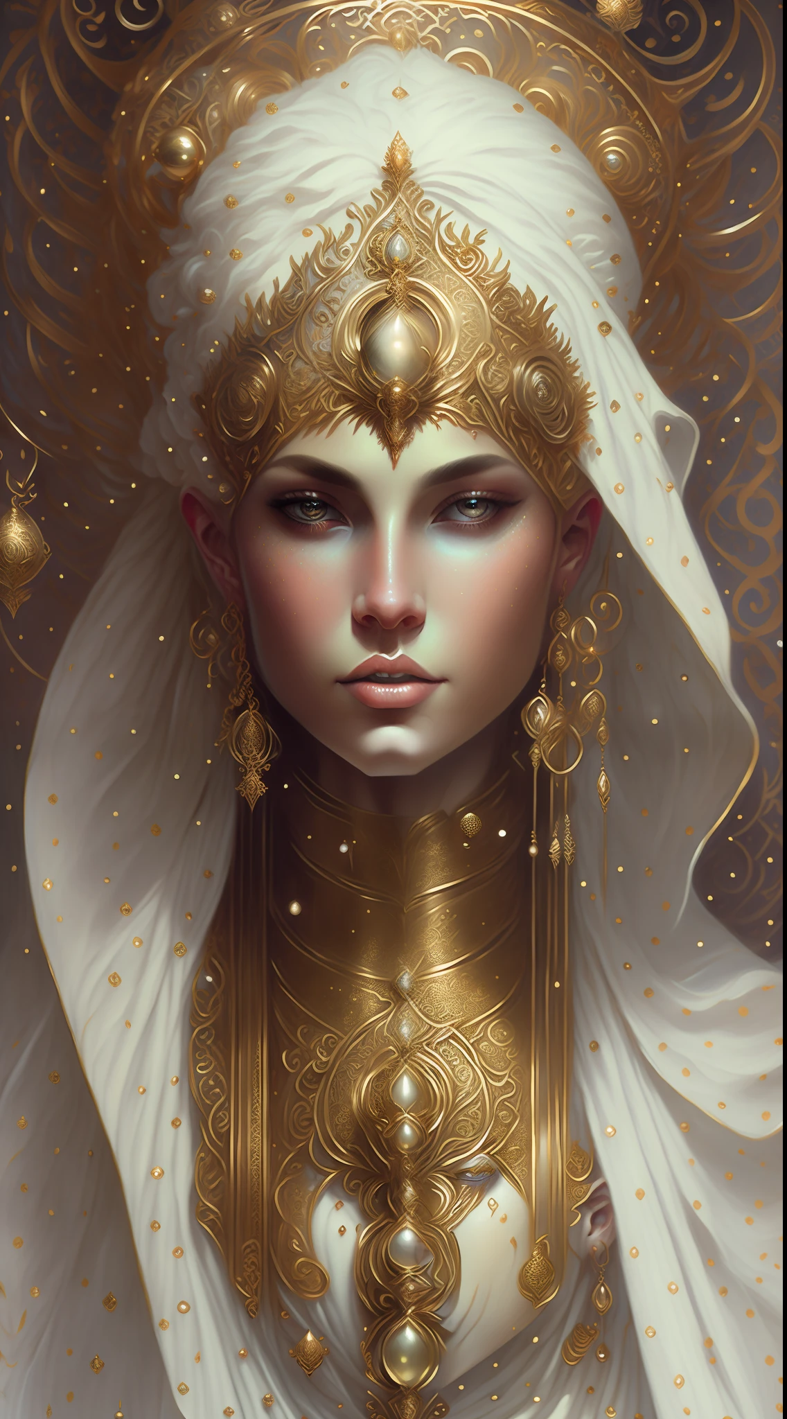 a painting of a woman in a white headdress and gold jewelry, karol bak and peter mohrbacher, karol bak uhd, goddess. extremely high detail, a stunning portrait of a goddess, fantasy concept art portrait, intricate wlop, tom bagshaw donato giancola, wlop art, detailed matte fantasy portrait, fantasy portrait art