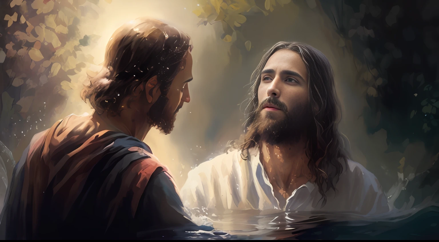 jesus and the man in the water, baptism, bible illustration, jesus christ, beautiful image ever created, beautiful depiction, the lord and savior, by Scott Gustafson, jesus walking on water, christian art, he has a treasure with him, greg olsen, jesus, jon mcnaughton, very beautiful masterpiece, by Roman Bezpalkiv, portrait of jesus christ