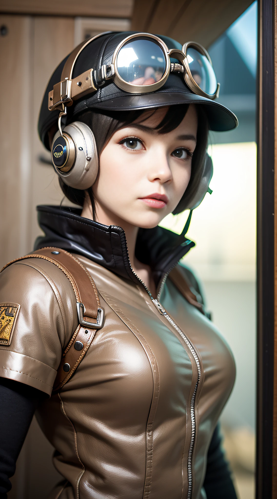 Amazing pod steampunk pilot girl look to the camera at command cabin