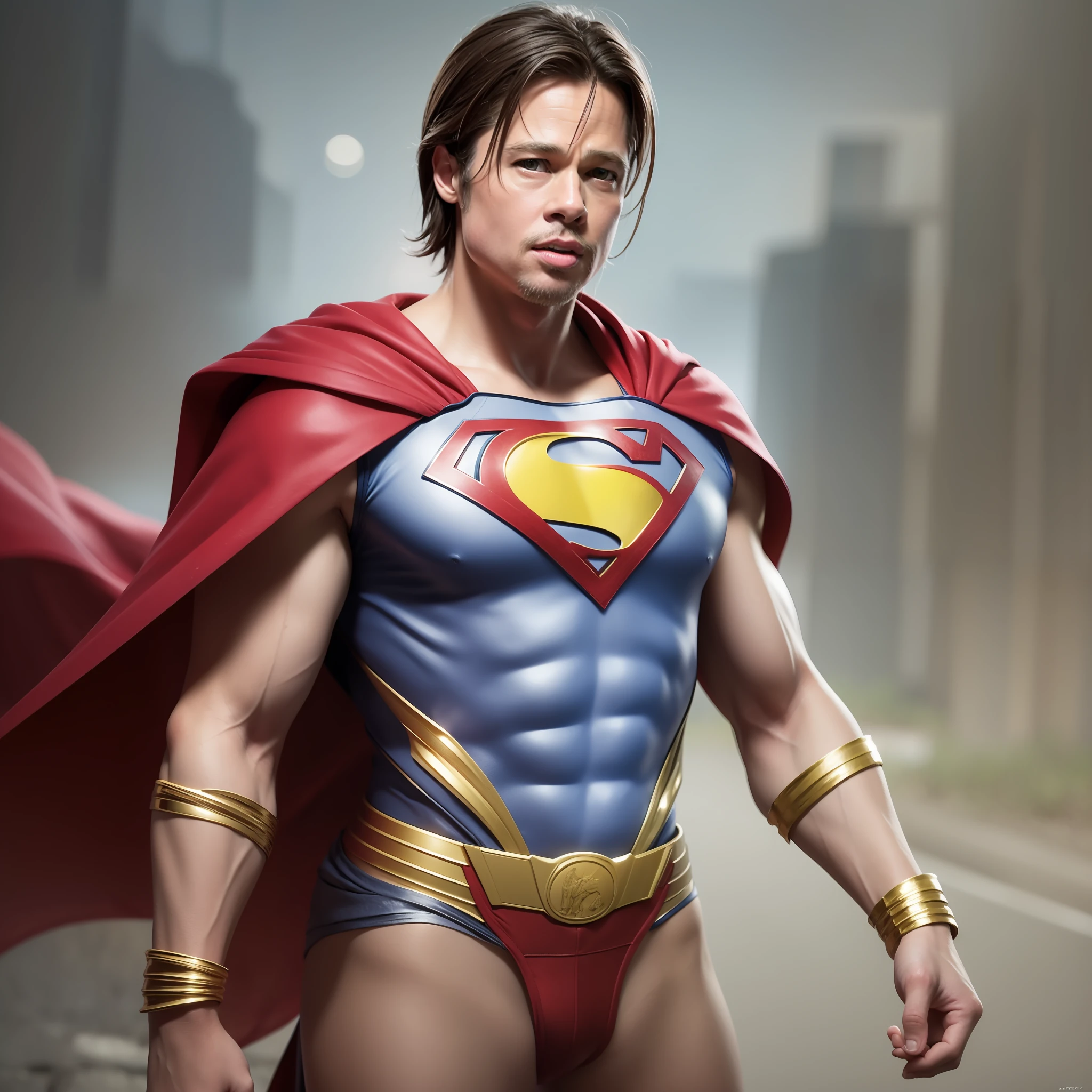 Brad Pitt dressed as Superman. Very detailed. Digital painting, ArtStation, concept art, soft focus, sharp, illustration