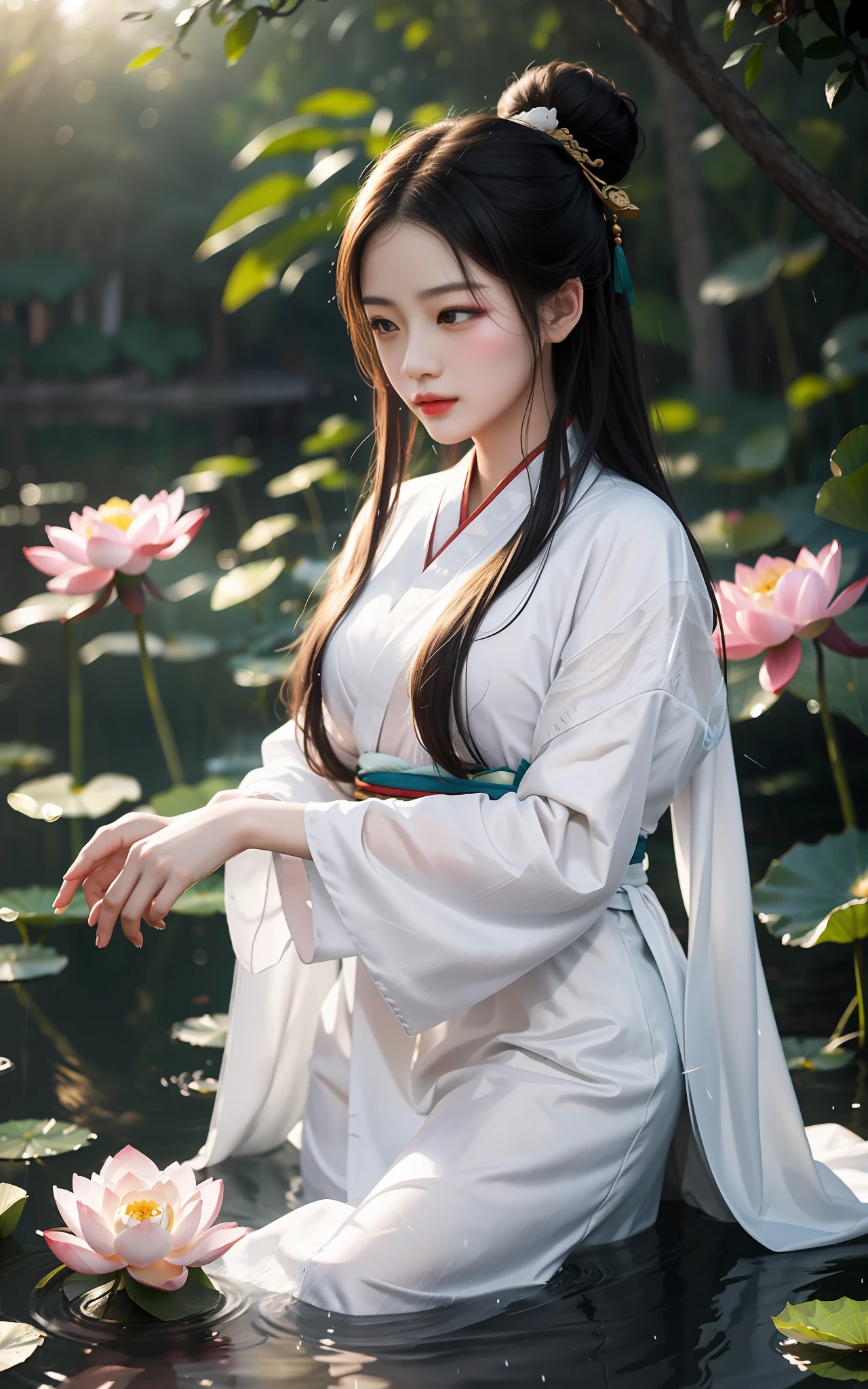 A woman in a white dress sitting in a pond with pink flowers - SeaArt AI