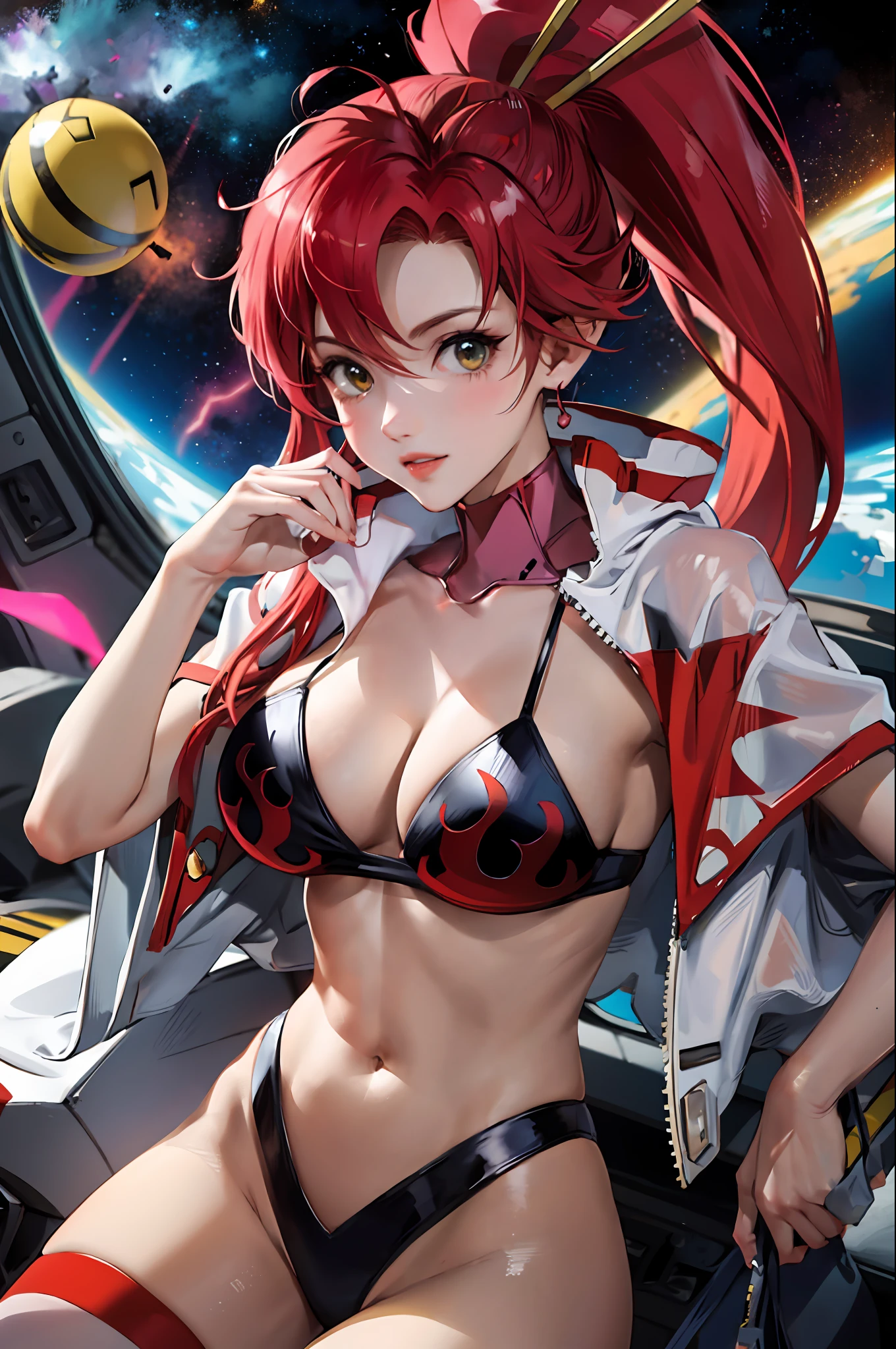 Create an incredibly detailed drawing of the character Yoko from the anime Gurren Lagann in a space environment. Let Yoko be photographed up close to show all the details of her gorgeous appearance. Please provide the highest quality and maximum detail to ensure that every line, shadow and texture is clear and realistic. Use clear focus to especially reflect her vivid facial expressions and her characteristic features, such as hair, eyes, and clothing.

Add a space environment with neon lights and a colorful spectrum to create a futuristic, exotic atmosphere. Let these lights illuminate and enhance the beauty and elegance of Yoko. Short, narrow 
 Top, in love. Watermelon

Please make the drawing accurate and consistent with Yoko's appearance from the anime Gurren Lagann. Waterfall, oasis, furs, transformers