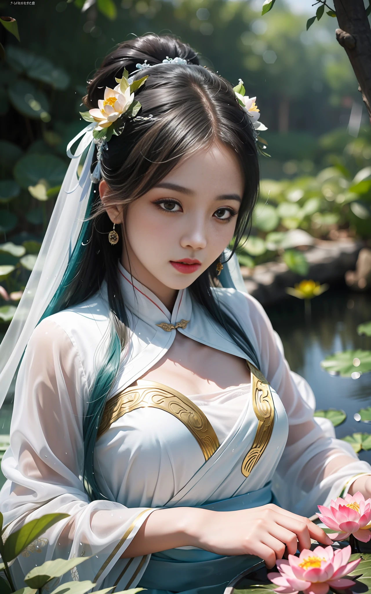 realistic, big vista, wide angle lens, intricate details, super detailed, natural skin texture, 1 girl, hair bundle, bun, beautiful Chinese woman in white hanfu robe cloak, fairy, white mist, golden light, white mist, outdoors, in Hangzhou West Lake, in ancient Chinese pavilion, (colorful, vivid, sunny, cool light: 1.2) lotus leaves in pond, delicate facial details, dynamic poses, exquisite details, wide view, epic details, global illumination - ar 3:2 - Q 5 - V 5.1 - Style RAW-S 750, style influenced by ancient Chinese art, complex, high detail, sharp focus, dramatic, photorealistic painting art, lotus leaf, spring rain, bright, light, atmospheric, bright tones of spring, super detail, 16k, best quality, soft light, space, crystal clear, natural light, surreal photography,