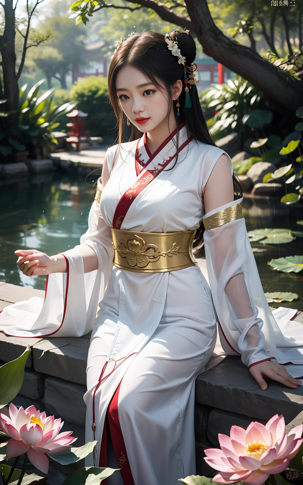 realistic, big vista, wide angle lens, intricate details, super detailed, natural skin texture, 1 girl, hair bundle, bun, beautiful Chinese woman in white hanfu robe cloak, fairy, white mist, golden light, white mist, outdoors, in Hangzhou West Lake, in ancient Chinese pavilion, (colorful, vivid, sunny, cool light: 1.2) lotus leaves in pond, delicate facial details, dynamic poses, exquisite details, wide view, epic details, global illumination - ar 3:2 - Q 5 - V 5.1 - Style RAW-S 750, style influenced by ancient Chinese art, complex, high detail, sharp focus, dramatic, photorealistic painting art, lotus leaf, spring rain, bright, light, atmospheric, bright tones of spring, super detail, 16k, best quality, soft light, space, crystal clear, natural light, surreal photography,
