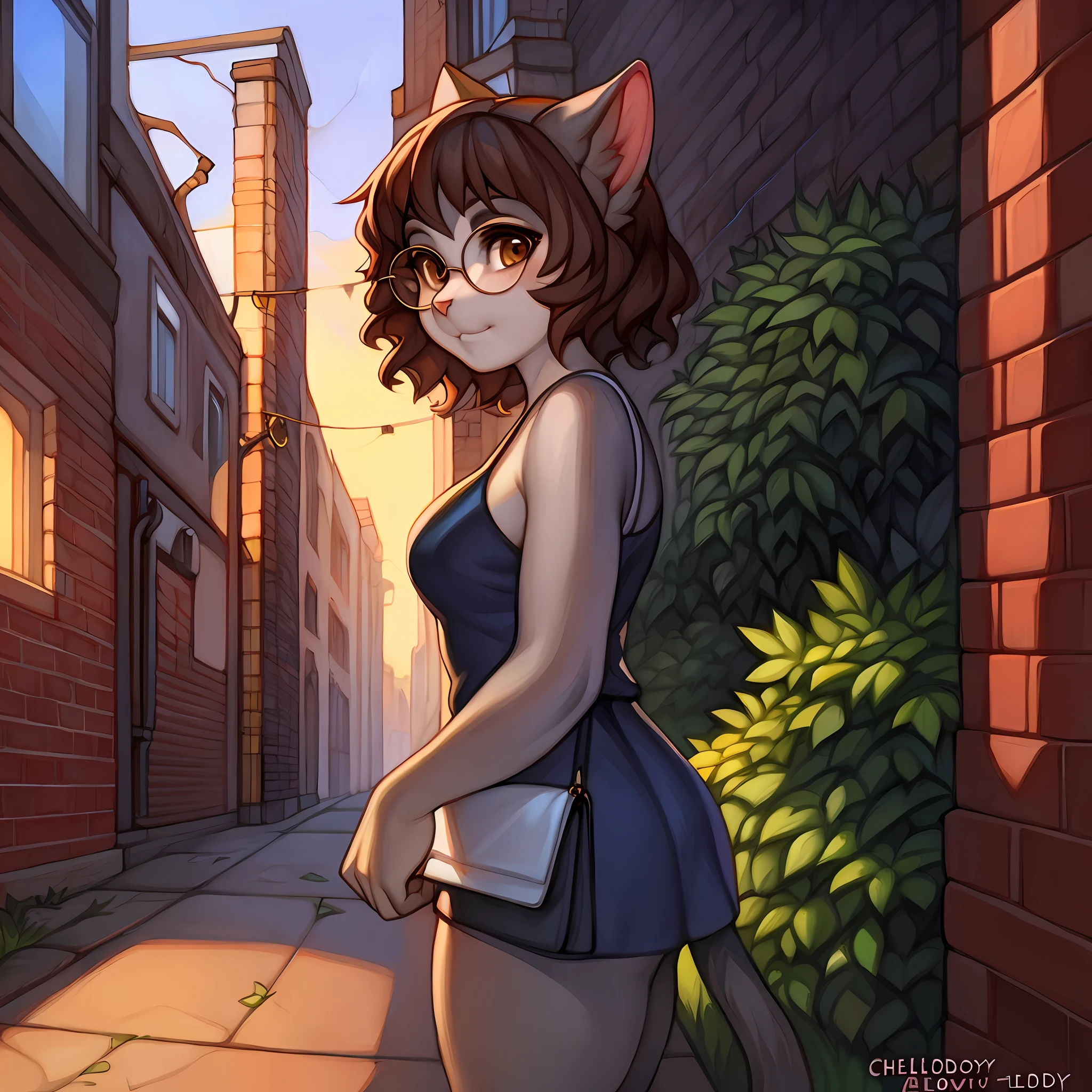 Solo, female, feline, grey fur, grey body, brown eyes, detailed eyes, brown hair, short hair, wavy hair, hair bangs, domestic cat, detailed hands, blue glasses, thick rimmed glasses, alleyway, golden hour, plants, by chelodoy