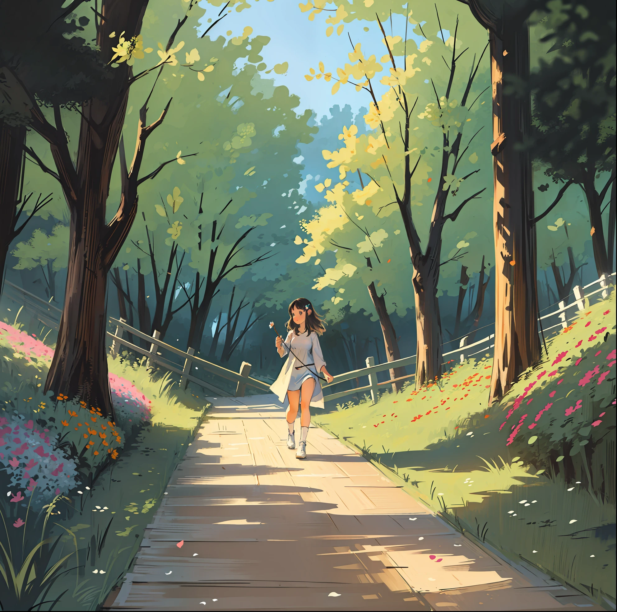 detailed cartoon of woman walking dog on path through covered wooden bridge over stream cabin hills trees in background flower blue sky hills in background flowers