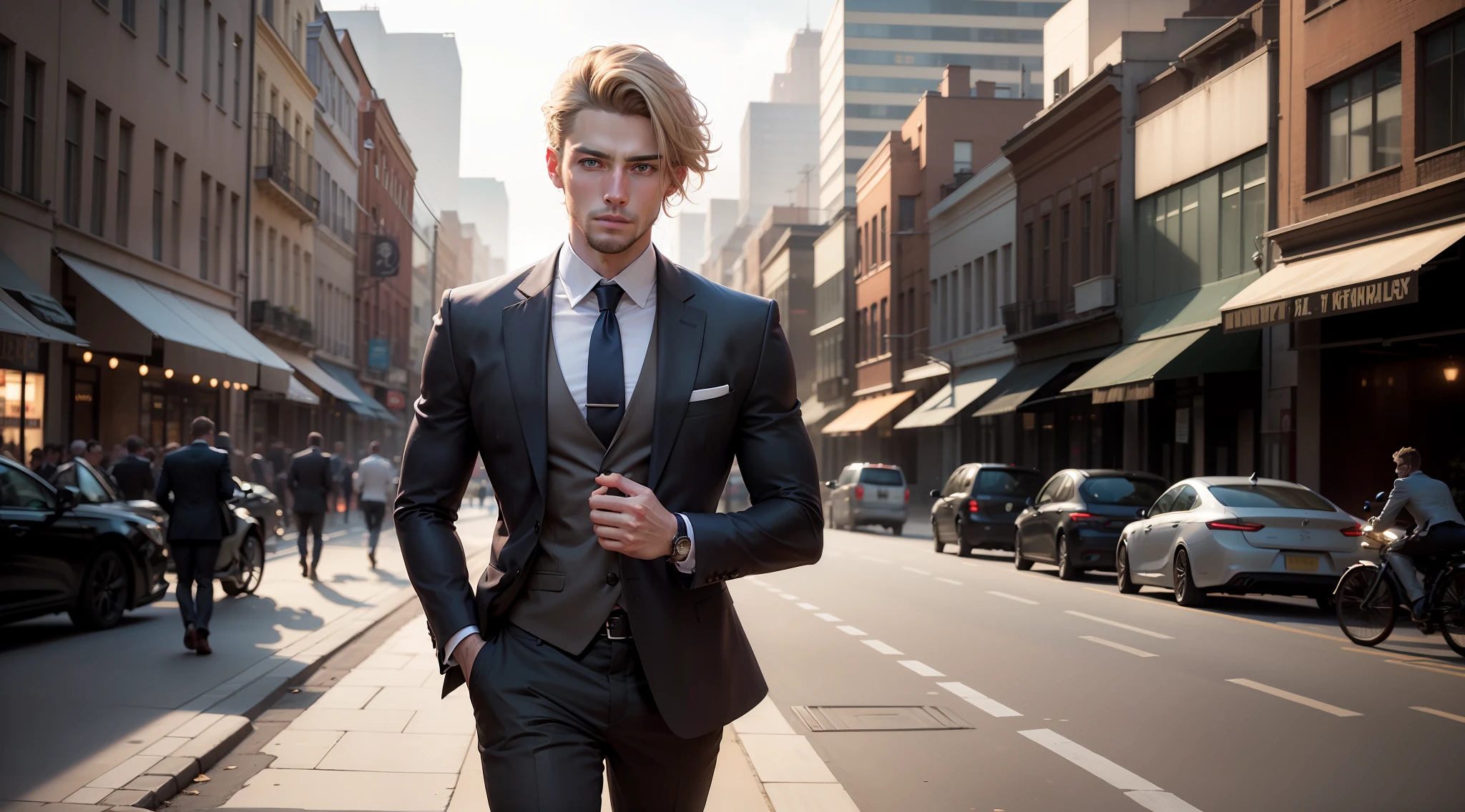 keep my facial features to imagine an elegant 27-year-old man, blue eyes, light brown hair almost blonde, goal face and eyes of a successful man, in a suit, walking down the street while the city runs chaotic in the background, kind of futuristic appearance in 8k highest quality