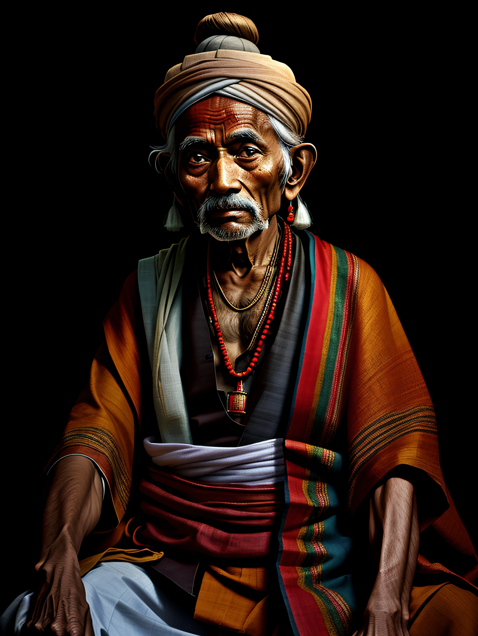 side view of a tuareg man with his upper body wrapped in bandages, wearing a cloak that covers his face, revealing only eyes, high contrast, sunny day, side view, medium portrait