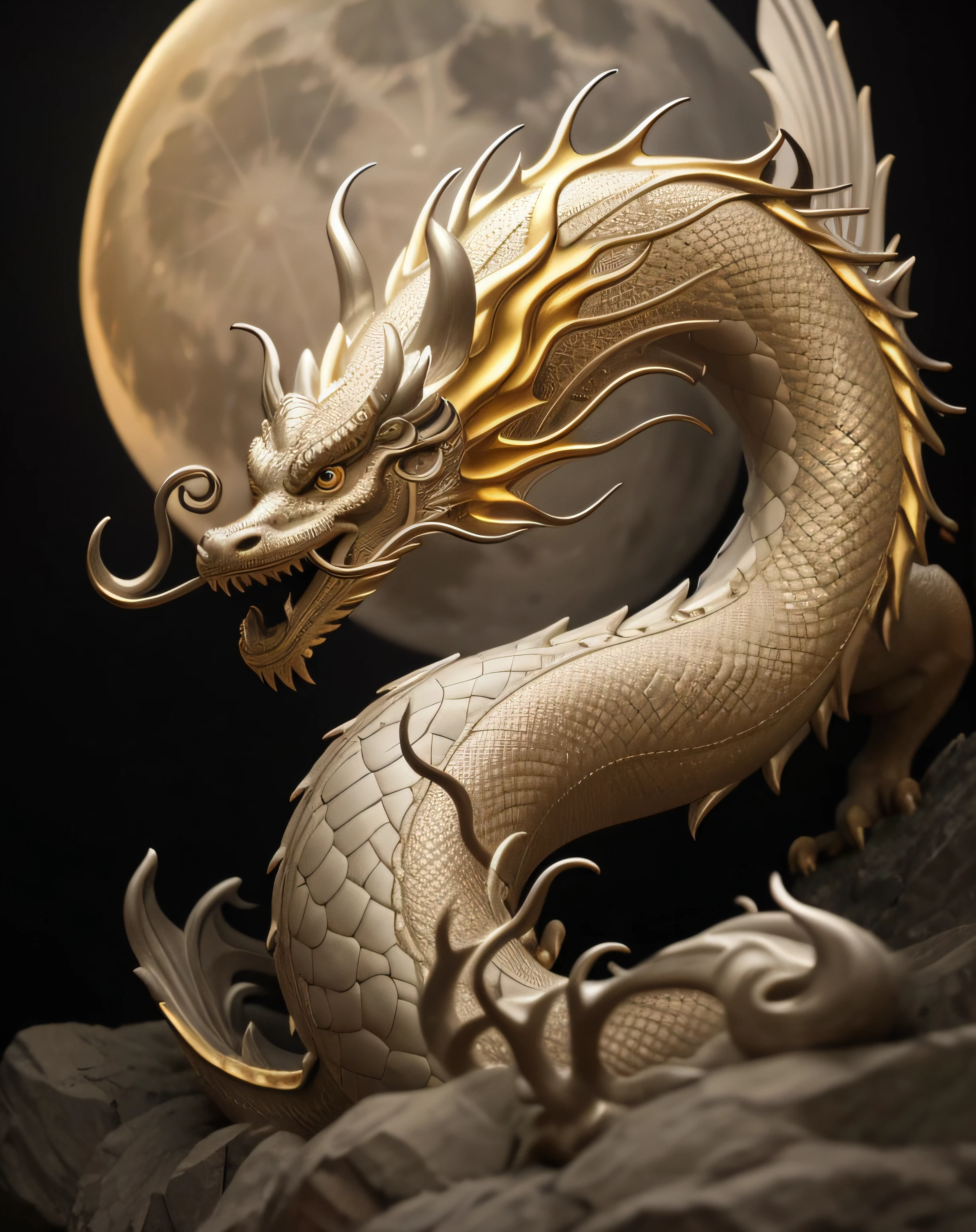 a close up of a dragon statue with a full moon in the background, smooth chinese dragon, dragon art, chinese dragon concept art, loong, majestic japanese dragon, chinese dragon, god of dragons, a dragon, oil painting of dragon, golden dragon, dragon design language, dragon, by Yang J, mythical creature, lung dragon, chinese fantasy --auto