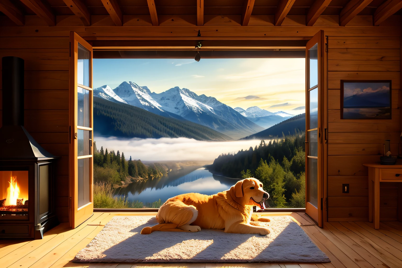 view from inside a wooden house, with a fireplace, a glass front window, golden retriever lying on a very fuzzy carpet, overlooking a lake, mountains, mild and cold climate, fog, night, HDR, photorealism, quality of masterpiece, best quality, mountains, pond, firefly, dark night, a wooden house, fog