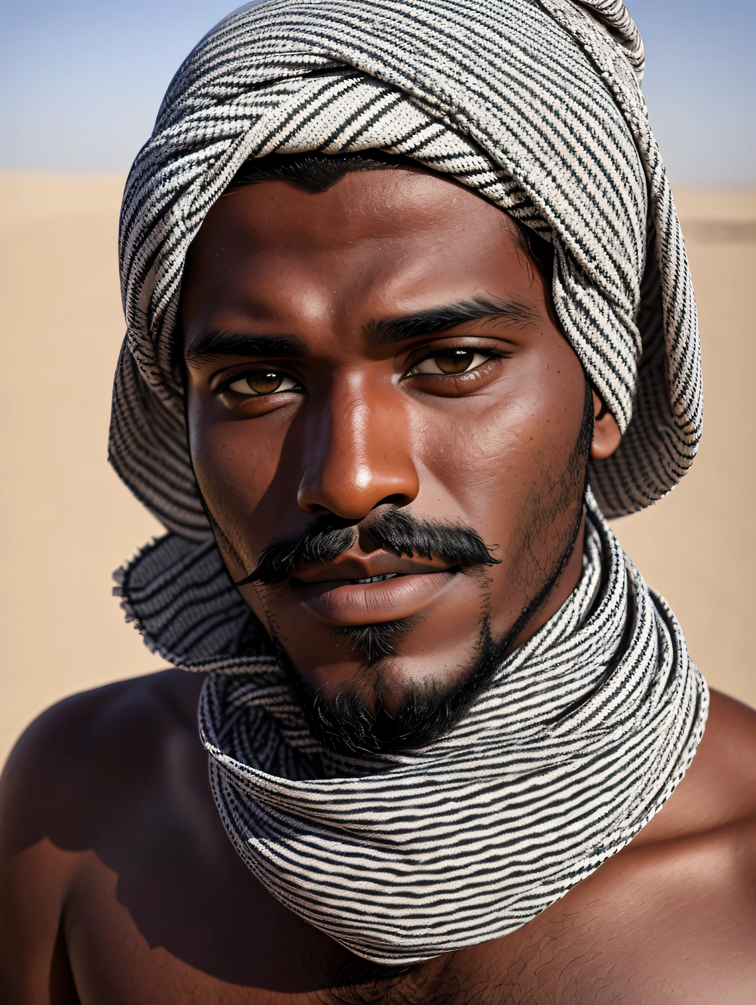 side view of a tuareg man with his upper body wrapped in bandages, wearing a cloak that covers his face, revealing only eyes, high contrast, sunny day, side view, medium portrait