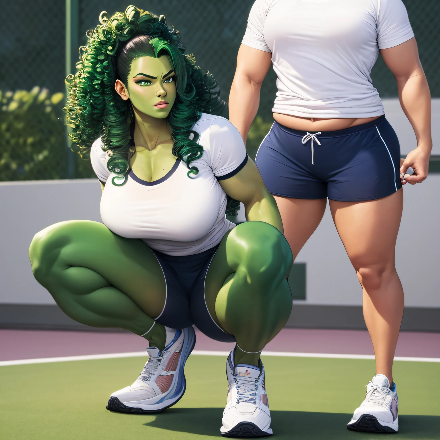 She-Hulk, big voluptuous, big butt, white tennis shoes, blue short pant, white shirt, green oily skin, green eyes, dark green curly hair, muscle --auto