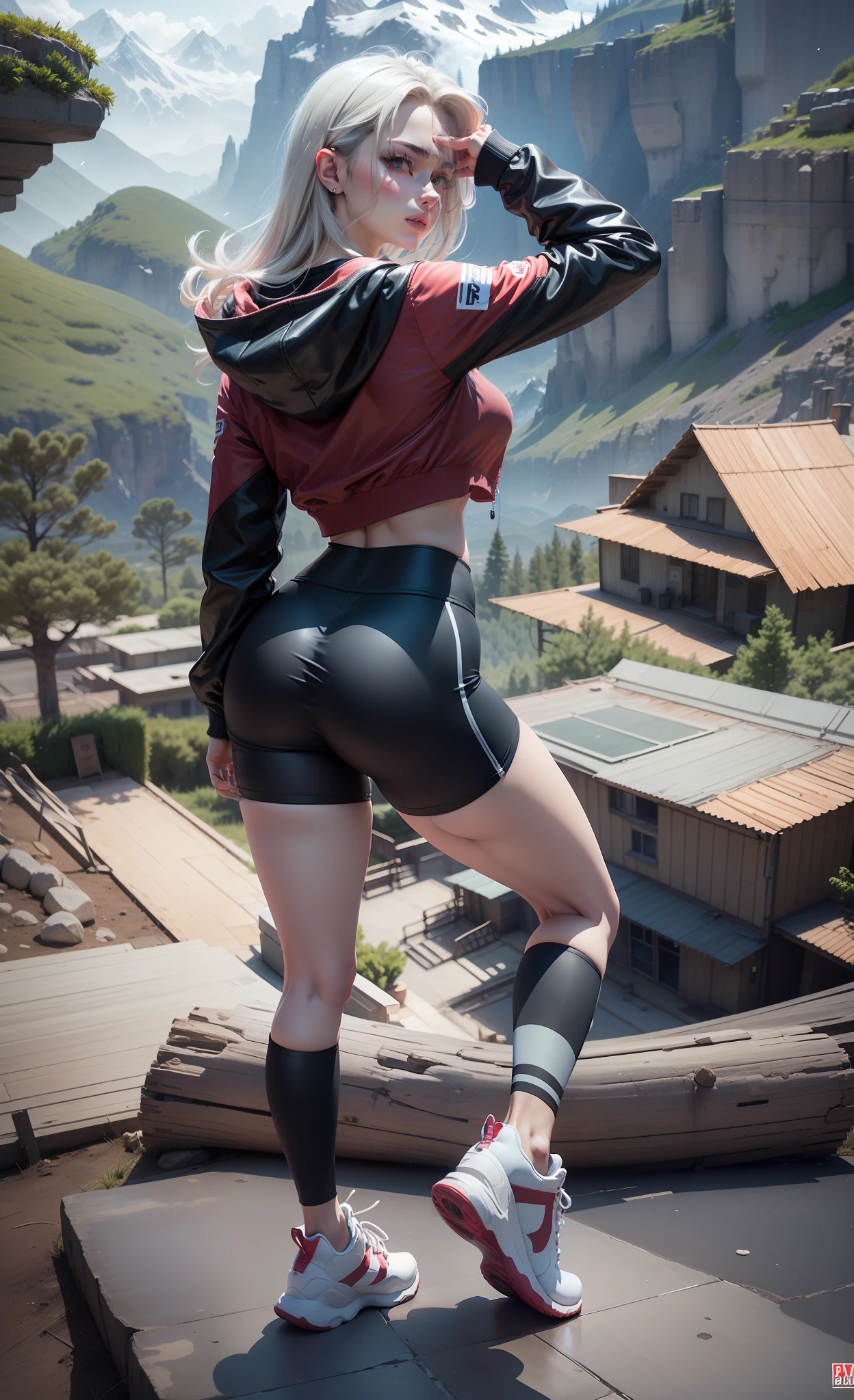 3D anime, realistic, big ass, no jacket, narrow waist, mountains in background, short black leggings, sports bra, beautiful hair, detailed, 4k