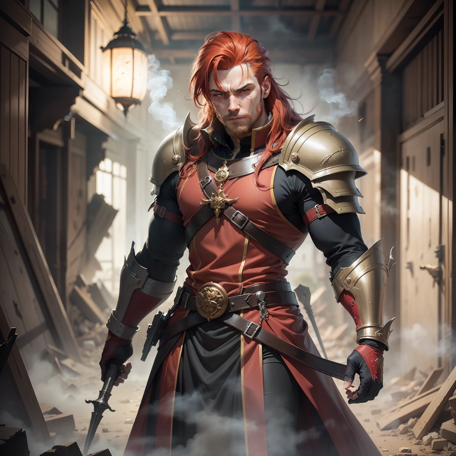 Realistic image of a strong, tall, red hair with mullets, thin beard, dressed in black cleric's costumes with shoulder pads, anime character style art, wounded face and steaming body, fighter's posture, corridor of a palace with rubble