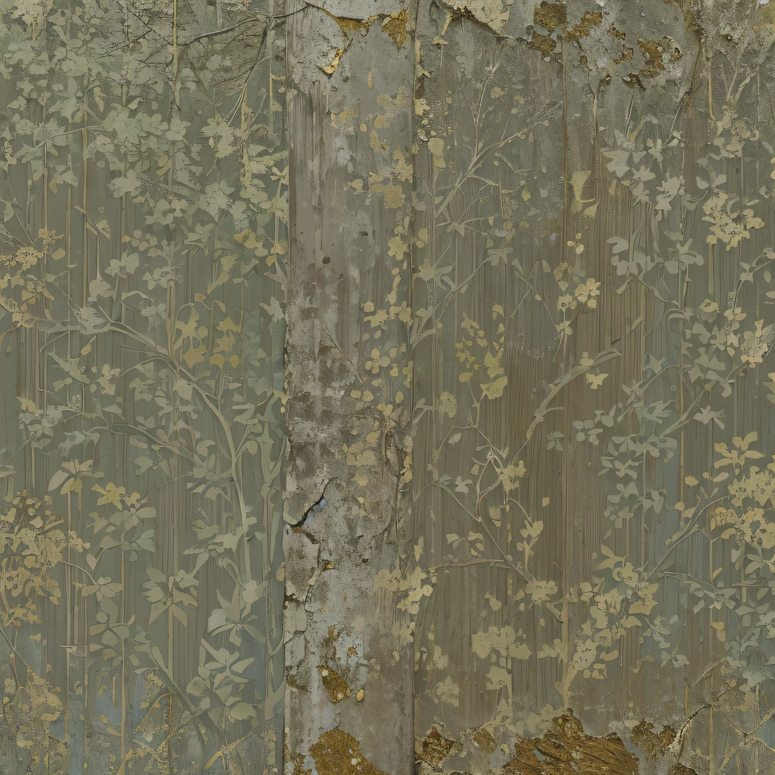 arafed wallpaper with a floral pattern and a bird on it, yellowing wallpaper, worn mono - yellow wallpaper, worn decay texture, wall paper, decay texture, wallpaper design, wallpaper on the walls, overgrown background, weathered olive skin, tattered fabric, torn paper intricate texture, faded chipped paint, cracked and faded photo paper, gold flaked flowers