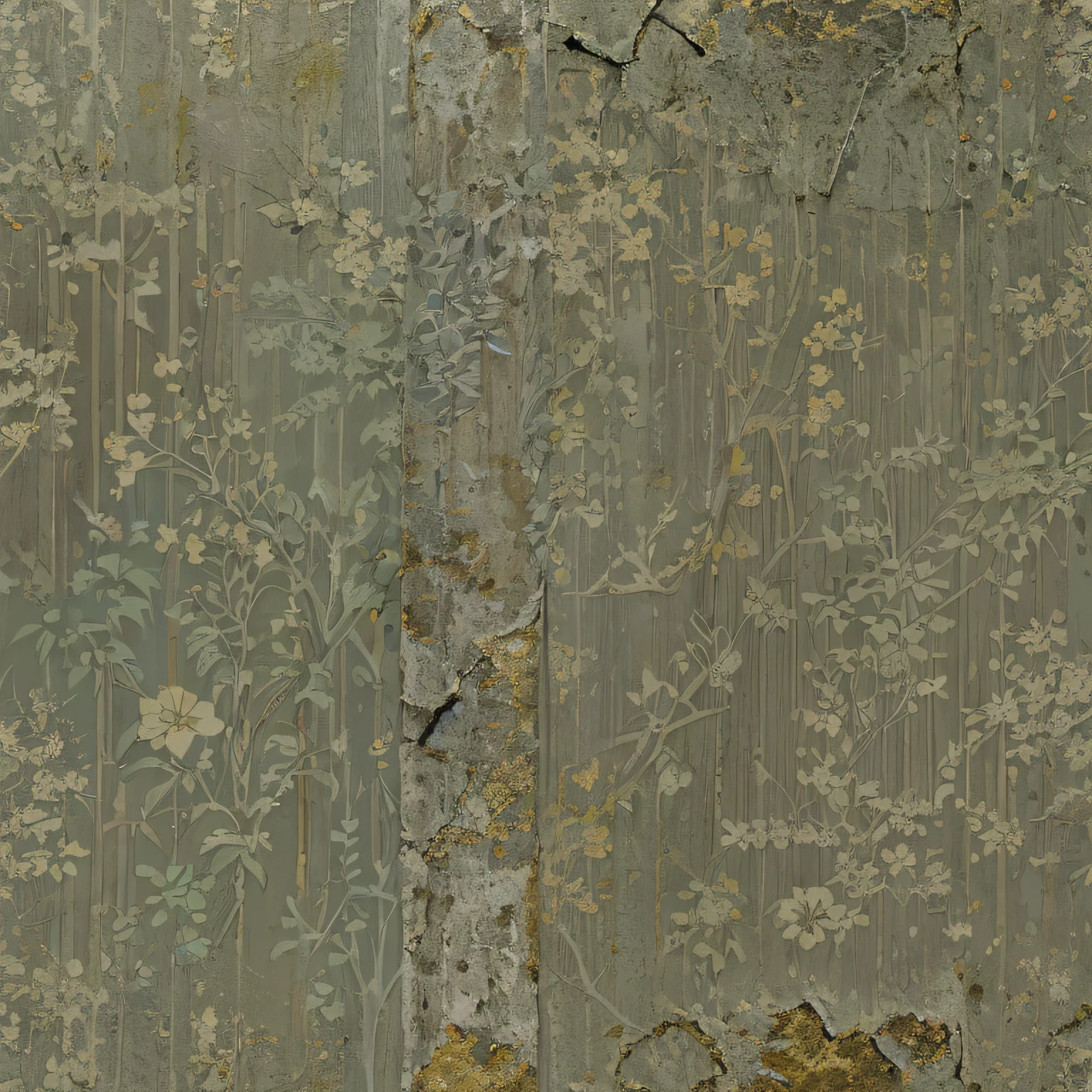 arafed wallpaper with a floral pattern and a bird on it, yellowing wallpaper, worn mono - yellow wallpaper, worn decay texture, wall paper, decay texture, wallpaper design, wallpaper on the walls, overgrown background, weathered olive skin, tattered fabric, torn paper intricate texture, faded chipped paint, cracked and faded photo paper, gold flaked flowers