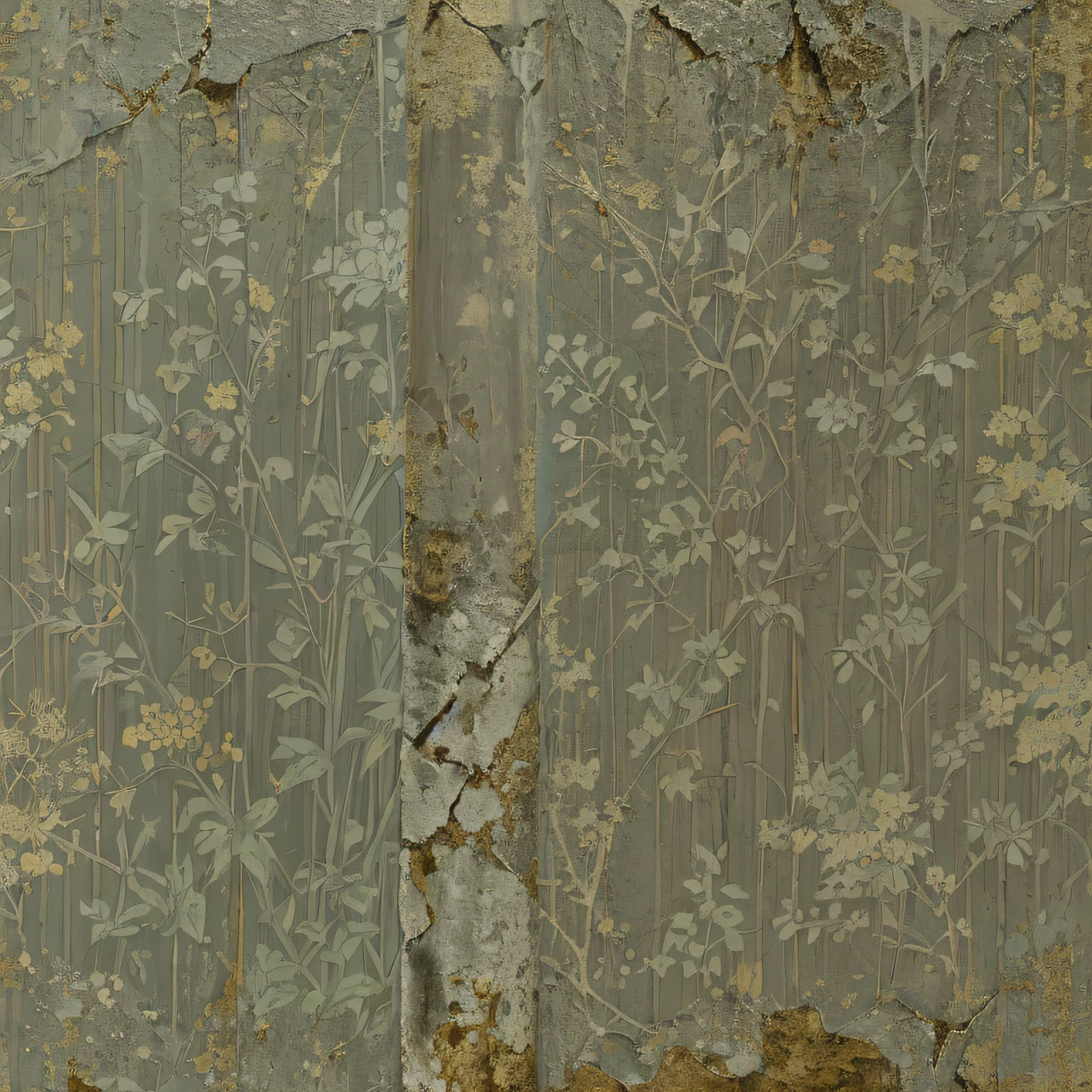 arafed wallpaper with a floral pattern and a bird on it, yellowing wallpaper, worn mono - yellow wallpaper, worn decay texture, wall paper, decay texture, wallpaper design, wallpaper on the walls, overgrown background, weathered olive skin, tattered fabric, torn paper intricate texture, faded chipped paint, cracked and faded photo paper, gold flaked flowers