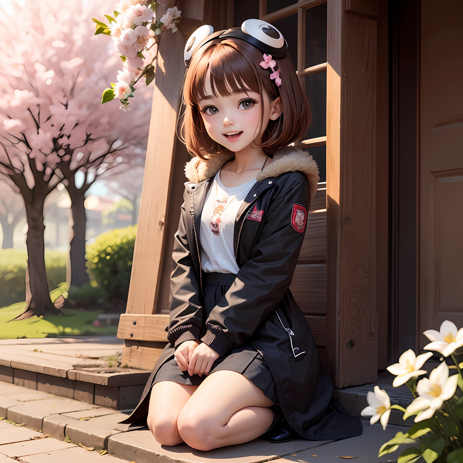 (Daisaku), (Extreme Quality), (Super Meticulous), (Full Body: 1.2), 1girl, Chibi, Cute, Smile, Open Mouth, Flower, Outdoor, Coat, Blush, Tree, :3, Shirt, Short Hair, Cherry Blossoms, Brown Headgear, Confusion, Brown Hair, Blush Sticker, Long Sleeves, Bangs, Brown Hair, White Flower, (Beautiful and Delicate Face), (Beautiful and Delicate Eyes), A Group of Small Friends --auto