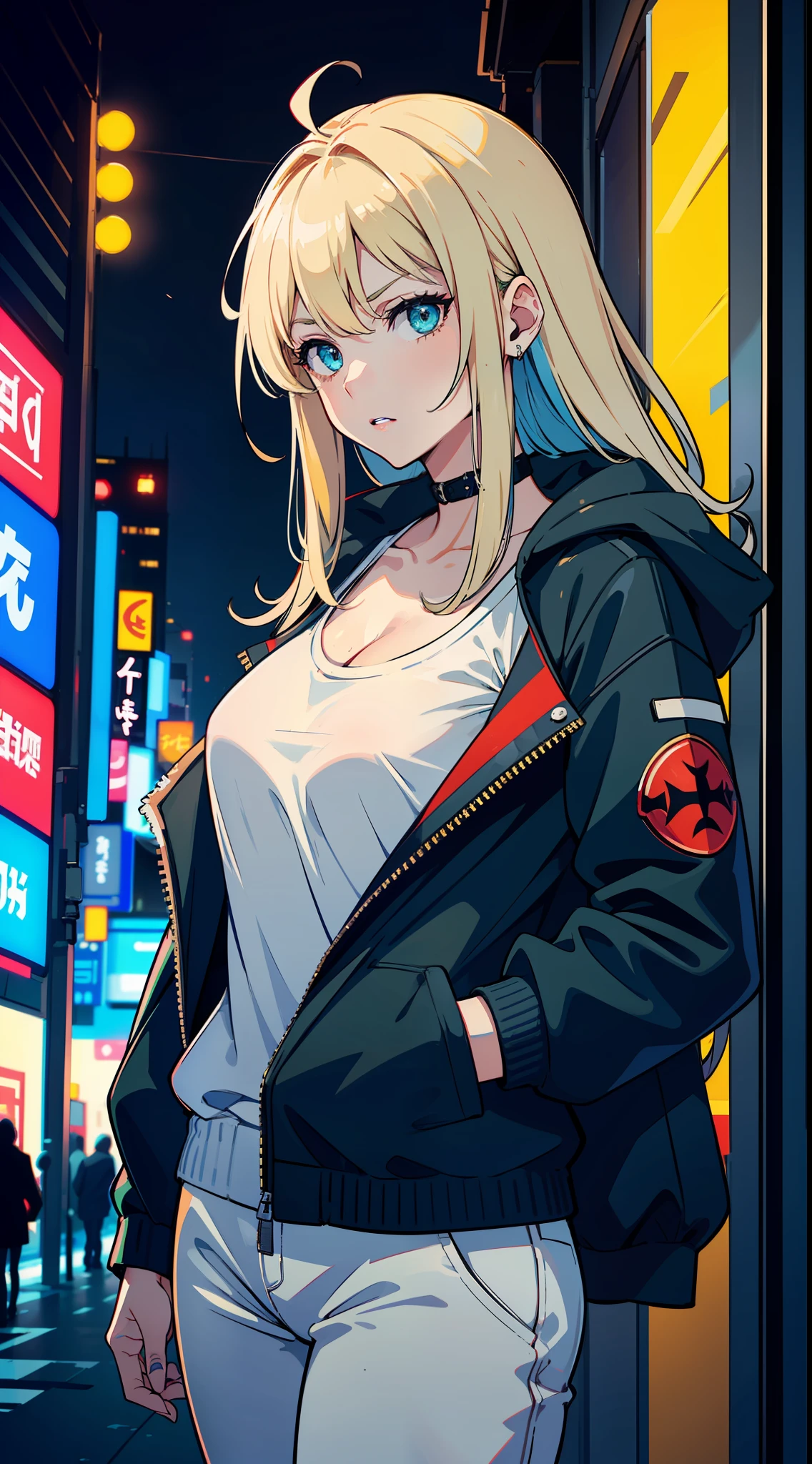 (masterpiece, best quality), ((1girl, (mature)), ((hair fulfilled)) (confident look) (serious gauze) (blonde hair, hair fulfilled, blue hair with blue stirrings), (green eyes, beautiful eyes, sharp eyes )), (simpler background, dark background, city background), (highres, Chromatic aberration), cyberpunk jacket, cyberpunk outfit, small breasts, (big hair), Serious and confident look, ((sexy look)) (sensual, sexy), white shirt emblazoned under jacket, city with Japanese signs