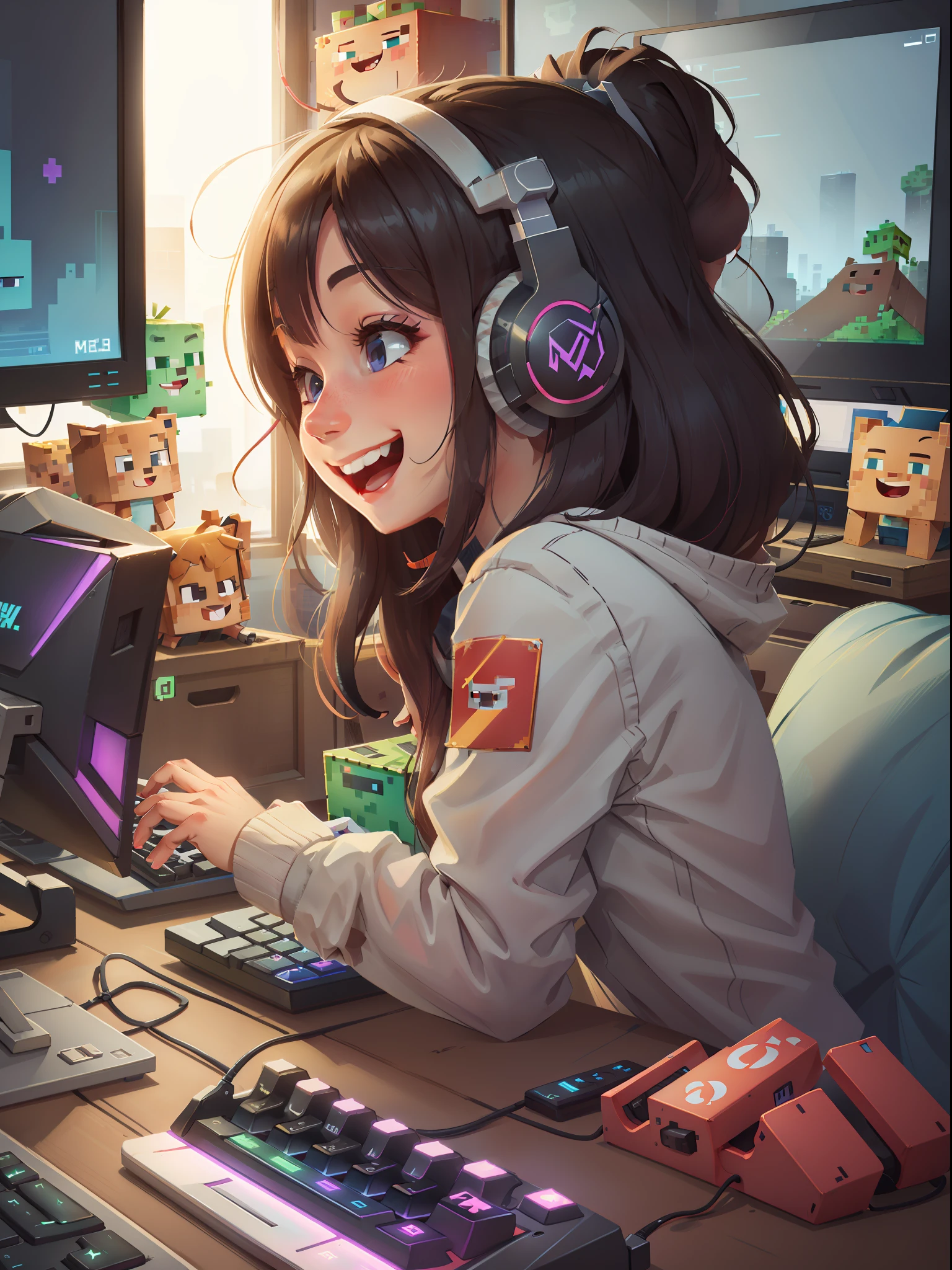 Gamer girl smiling, perfect hands, RGB keyboard, gamer computer, headset, profile picture, playing minecraft, live stream