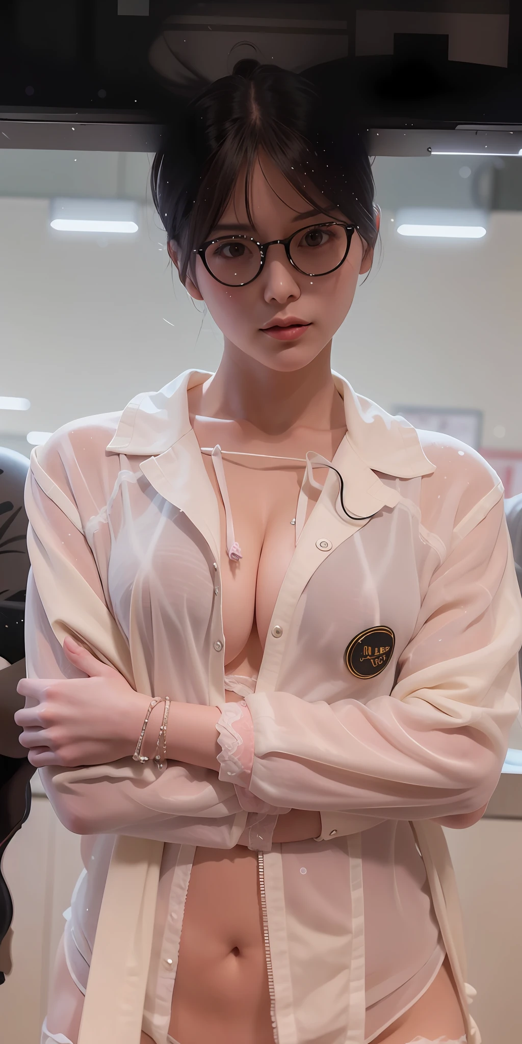 (8k, RAW photo, highest quality, masterpiece: 1.2), (realistic, photorealistic: 1.37), 1 girl, Japan, woman in her 30s, professional lighting, photon mapping, radiosity, torn, big, boob tips sticking out, areola protruding, pubic shape clearly visible, gal, lots of lashes, lame eyelids, pitch black lips, Pure black heels, bristles on the lower abdomen, slender, bra, are large and about to spill out of the bra, pubic hair is very protruding, pubic area is full of hair, big boob, bikini, panties, sexy, invisible