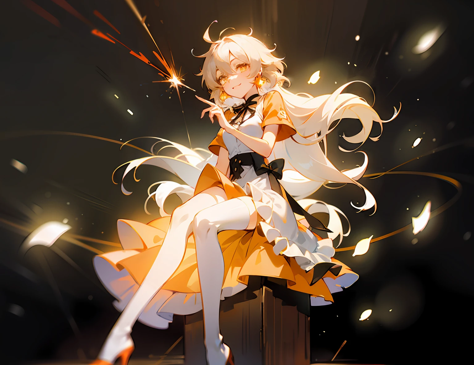 Anime Female, Seated, Official Art, Yellow Light Magic, 21Charturnerv2, Charturnbetalora, Shinkai Makoto, Kimi No na Wa., (Fantasy: 1.4), (Orange-Yellow Eyes: 1.233), Her Eyes Shining Like Fantastic Stars, (Glowing Eyes: 1.233), (Beautiful and Delicate Eyes: 1.1), (Gray Hair)))), (Messy Hair, Very long hair, hair between the eyes, sideburns), (microcurls: 1.14), ((orange short-sleeved shirt)), ((glowing white apron))), (((black ribbon tied waist))), ((black bow tied on the right side of the waist)), choker, (miko thighhighs), (orange high heels)), (barelegs), (smile, shut up), dreamy, soul, (fluorescent), [[delicate fingers and hands:0.55]::0.85], (finger detail), full body, white and gold motif, inspired by Yang J, inspired by Luma Rouge, Kagamine rin, ethereal, yellow light spell, some chaotic sparks, in glowing style