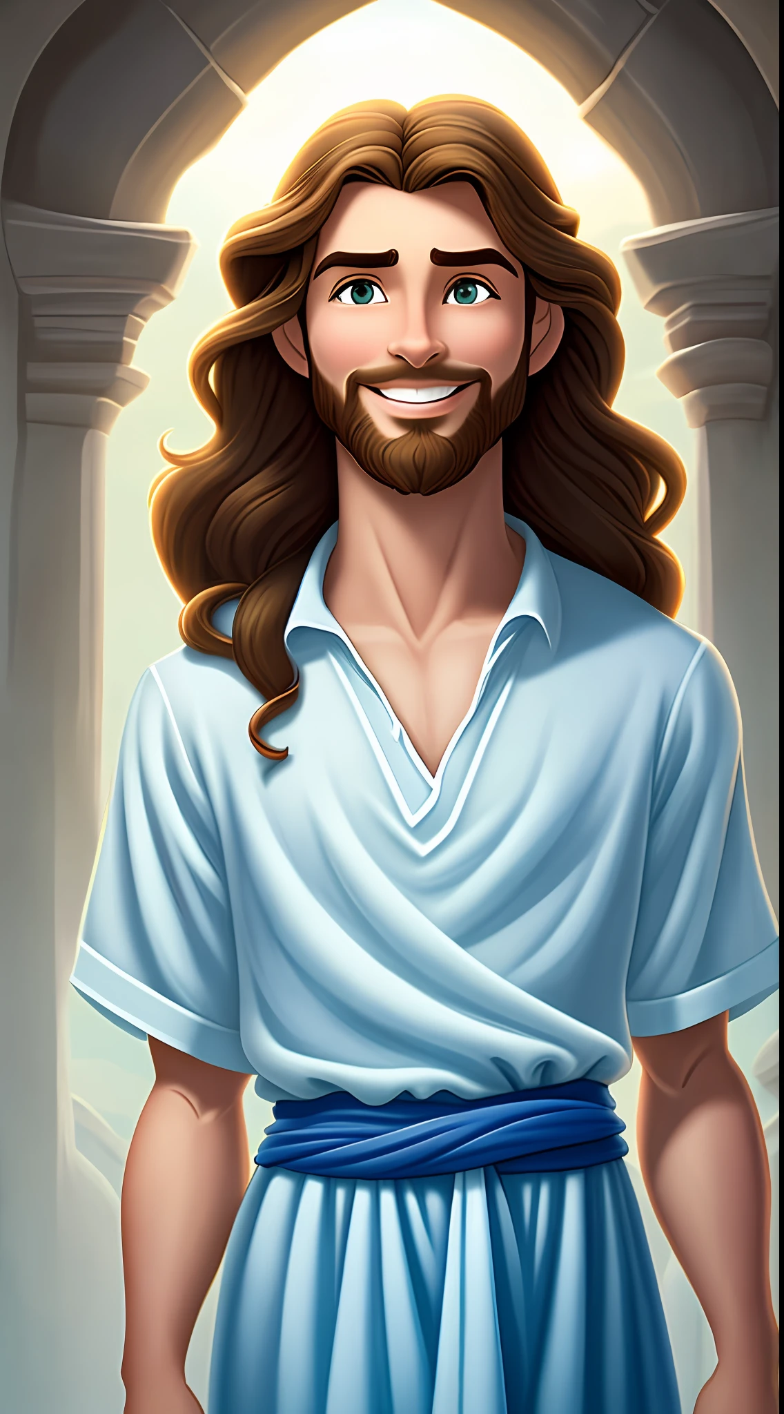 Original art quality, full body picture, Disney character animation style, young and handsome Jesus God, standing posture, hands naturally placed on both sides, looking ahead, gentle expression and smiling, eyes full of light, background light blue, translucent, with light as the theme, the focus of light is on the characters, the overall picture is fresh and bright.