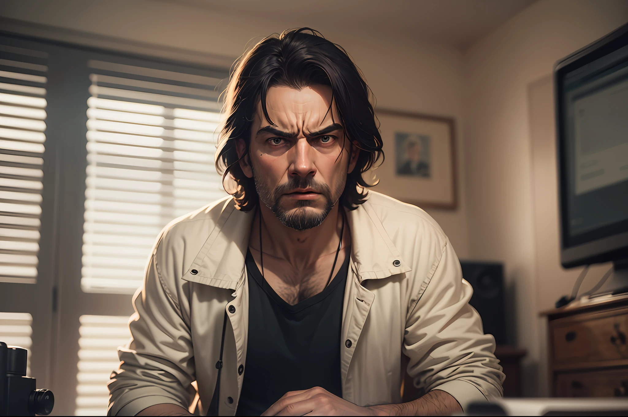 The encaustic image was taken with a cinematographic camera. An incredible vintage color photograph depicting a realistic-looking angry guy seating in front of a computer monitor and looking at the camera. Dramatic scene where we can see the anger on his face. Low-key lighting. Taken in 2020 --auto --s2