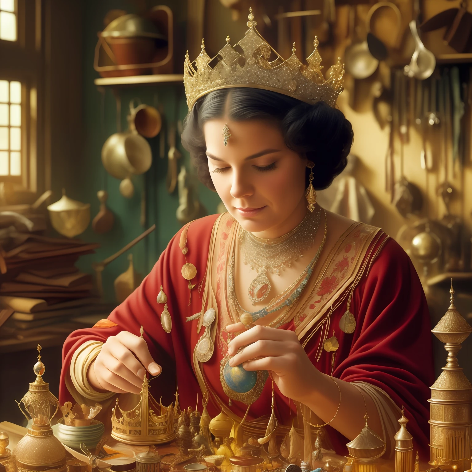 silkpunk craftswoman in a cluttered workshop creating a magically-enchanted crown, sparkling, glowing, shining, brothers hildebrandt, michael whelan, provia, darrell k sweet, realist detail, sense of wonder