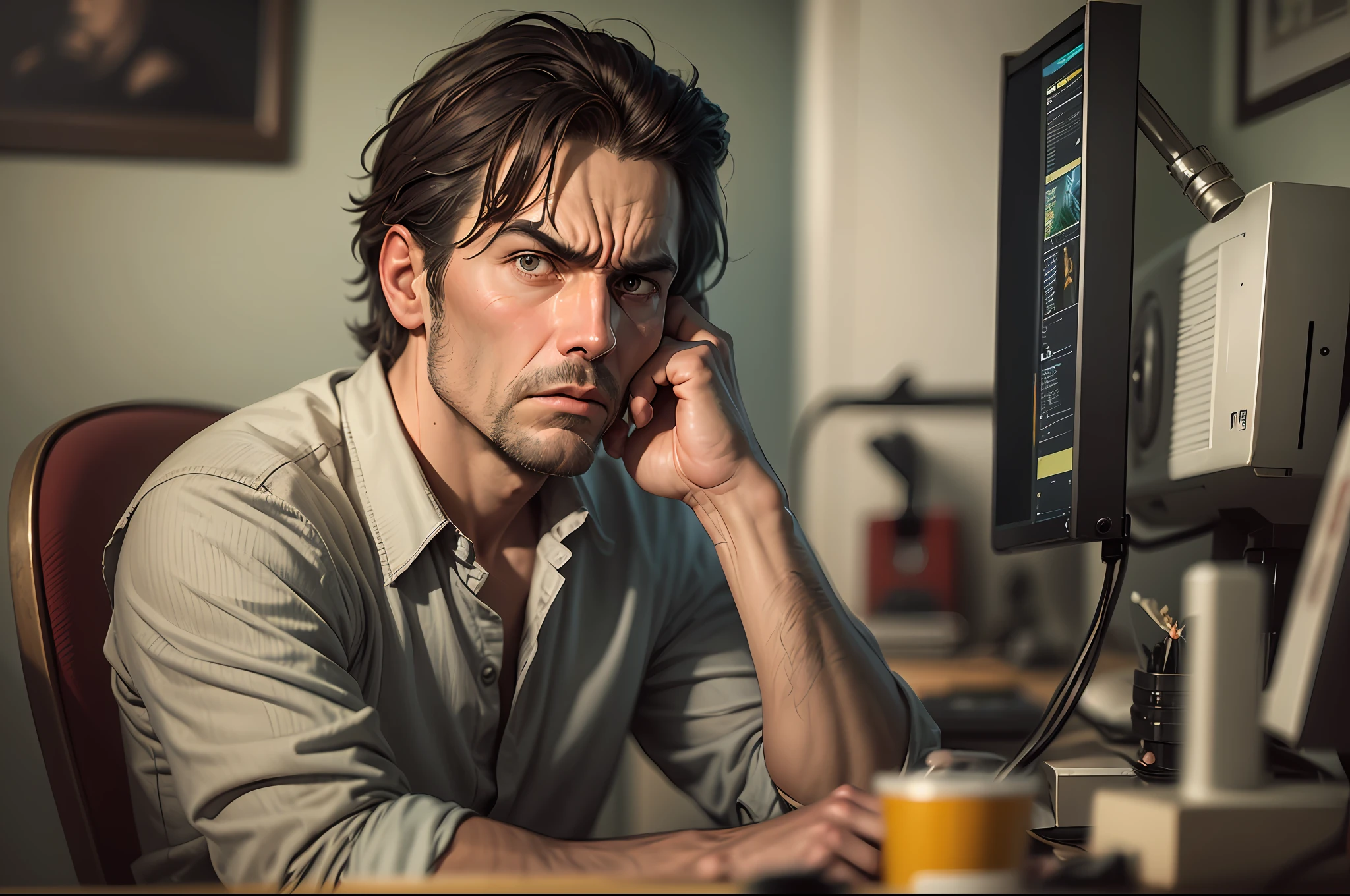 The encaustic image was taken with a cinematographic camera. An incredible vintage color photograph depicting a realistic-looking angry guy seating in front of a computer monitor and looking at the camera. Dramatic scene where we can see the anger on his face. Low-key lighting. Taken in 2020 --auto --s2