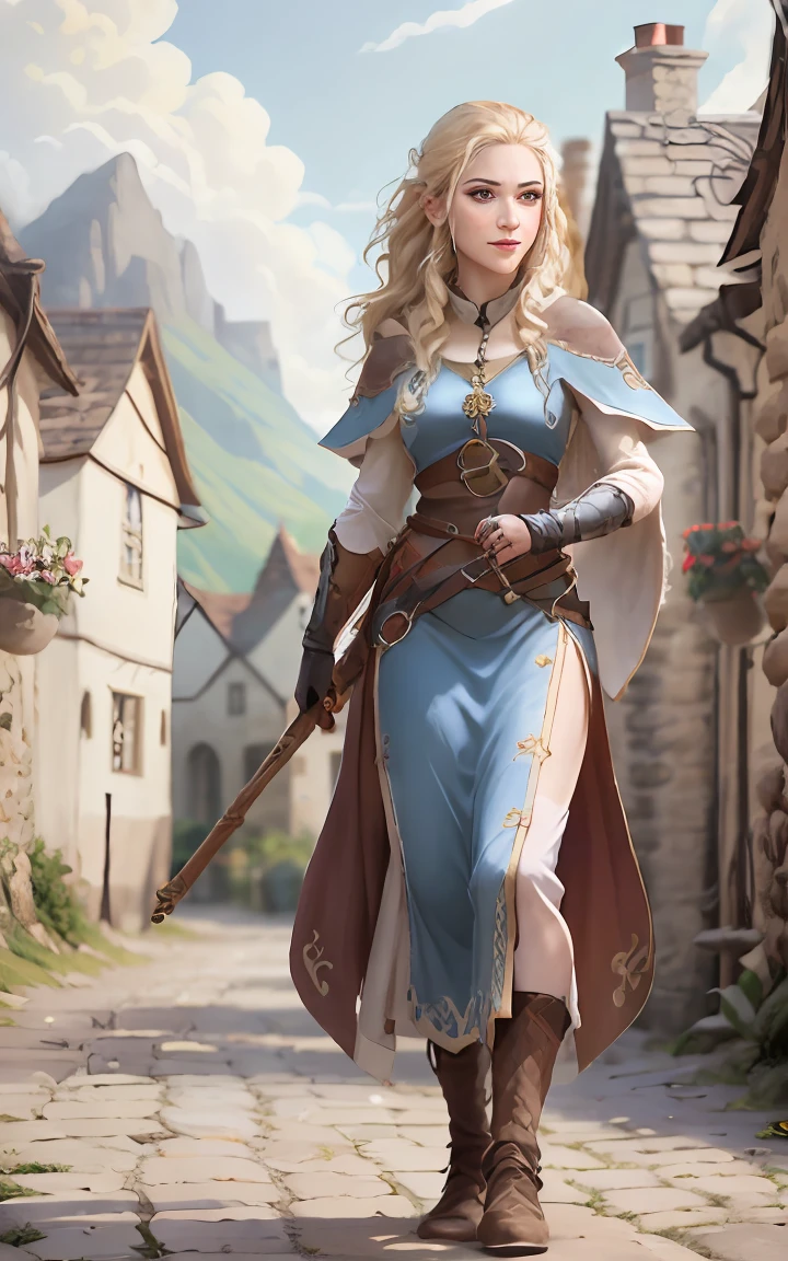 a woman with a wood staff and a green light, elven character with smirk, female cleric, elf, female elf, young half elf wizard, female earth mage, as a dnd character, centered elven, full body dnd character portrait, blond hair, light blue clothes, village background, medieval village, Mayim Bialik