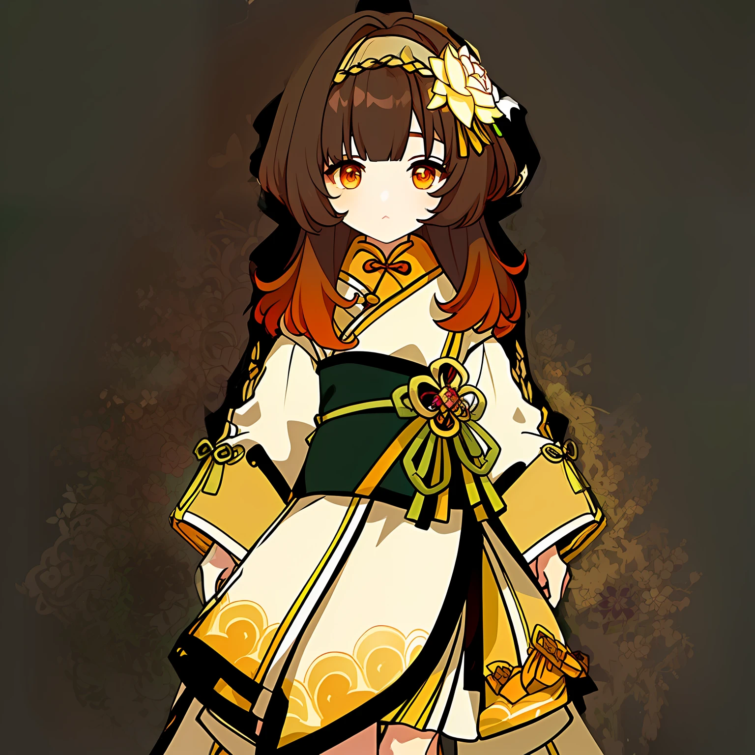 Genshin Avatar, (a girl with brown hair and orange eyes: 1.4), (no hat), short and medium hair, hair between the eyes, (((white silk coat a little yellow and yellow-green))), there is a cartoon girl wearing a short dark green skirt, (a pink lotus flower on the right side of the forehead), pink flowers and green leaves in her hair, full body adoptable, inspired by the master of Kanbun, non-binary god of spring, character adoptable, (light yellow ribbon tied around the waist), long and wide sleeves, Mihoyo art style, highly_detailed, portrait, (((masterpiece))), ((best quality))), (black_background:1.4), simple_background