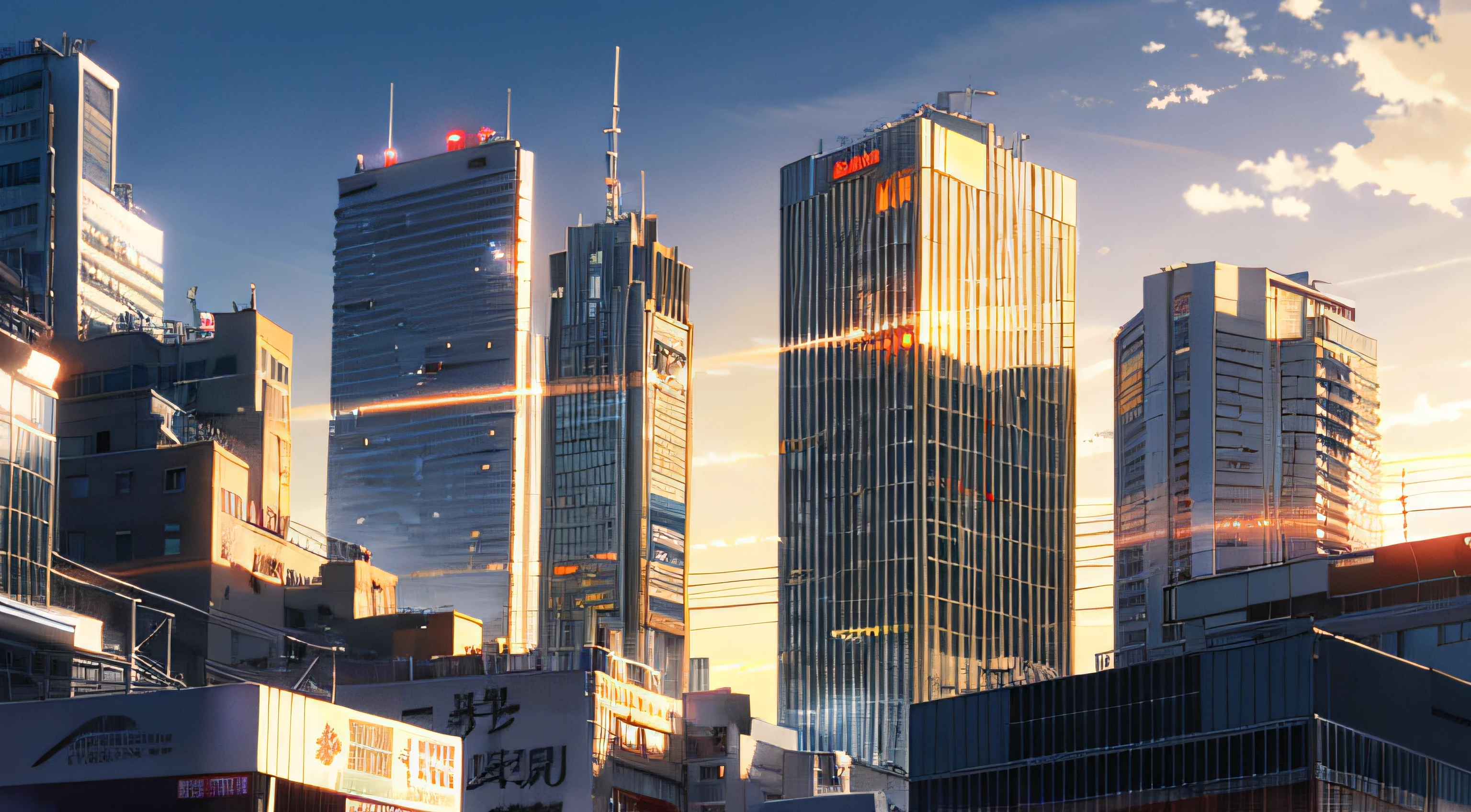 (Masterpiece: 1.2, highest quality), (Lighting) 3, detailed anime-style illustrations, urban near-future buildings dyed by the setting sun looking up from below, buildings in shadow and looking dark and hazy. The entire screen is bright red, Makoto Shinkai, anime style, and the sky is also dyed bright red.