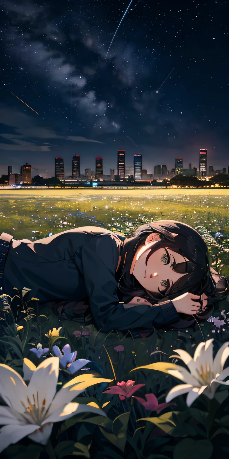Girl lying in a field and looking at the starry sky, Tokyo, night
