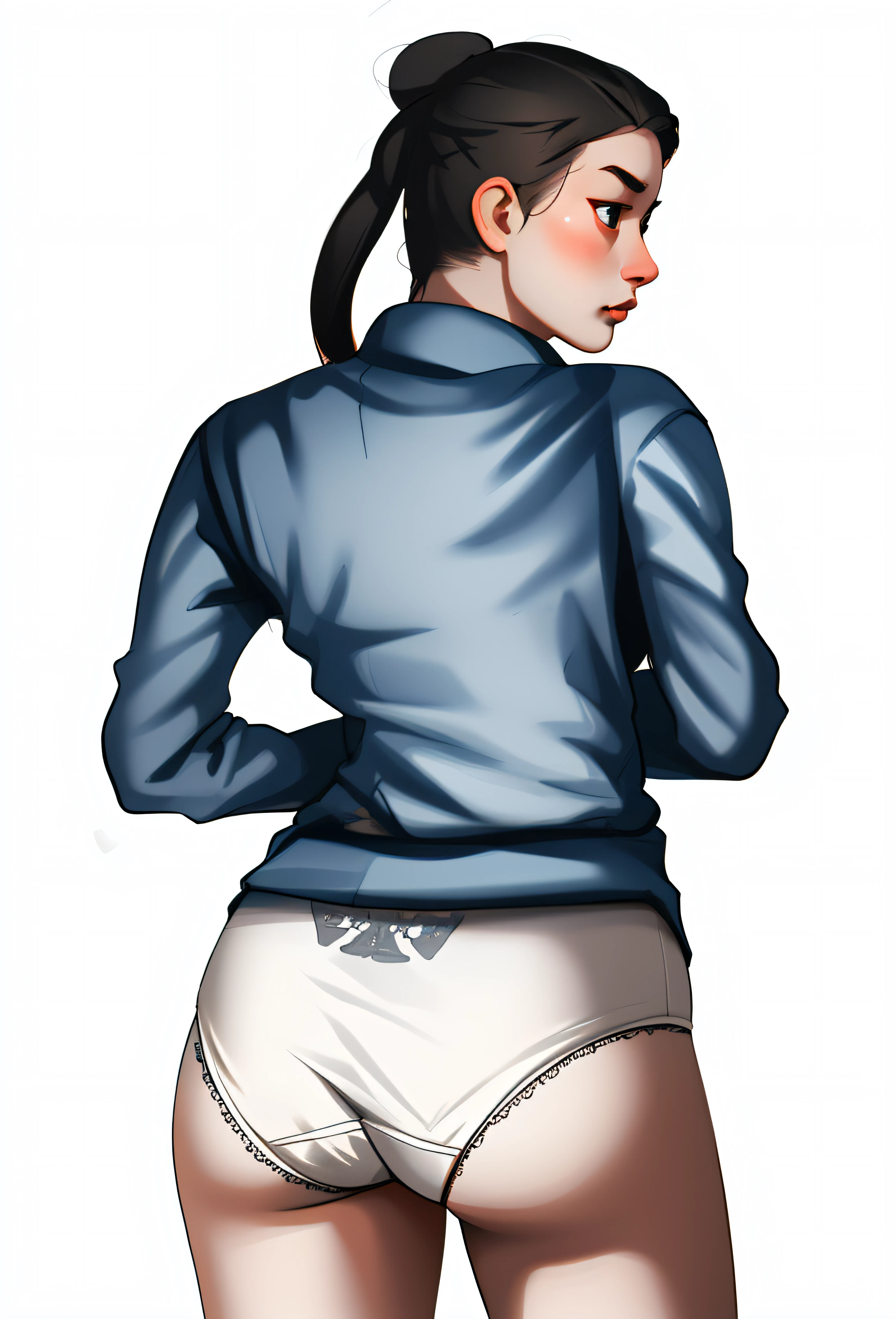 Chinese woman in blue sweater and white cotton panties, realistic art style, intricate details