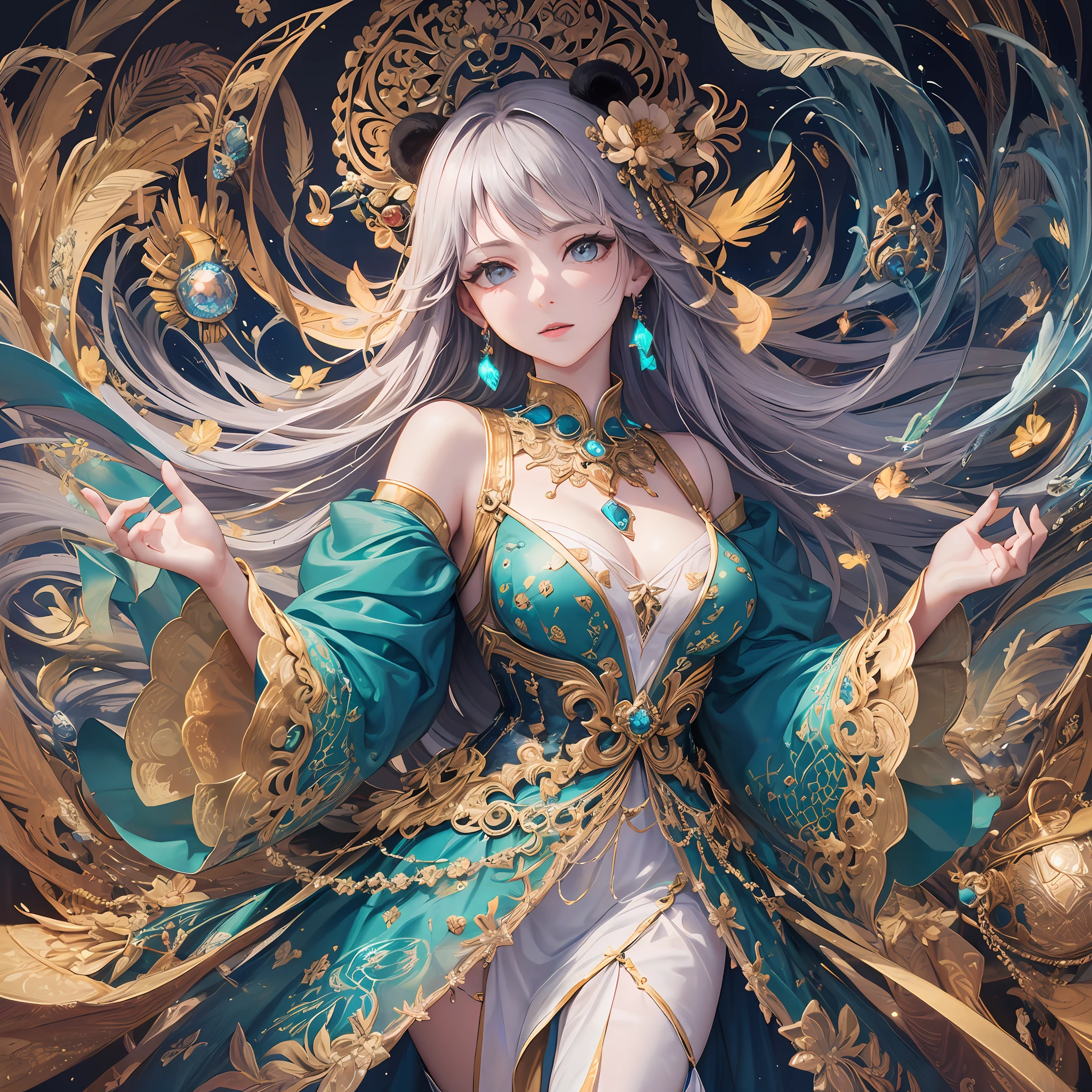 (Masterpiece, Top Quality, Best Quality, Official Art, Beautiful and Aesthetic: 1.2), (1 Girl: 1.3), Very Detailed, White and Blue, (Fractal Art: 1.1), (Flower: 1.3), Supreme Detail, (Zentangle: 1.2), (Dynamic Pose), (Abstract Background: 1.3), (Shiny Skin), (Many Colors: 1.4), (Earrings), (Feathers: 1.5), (Water Flow: 1.3), jewels, long dress sleeves, long hair, wrapped in light, vivid background, phoenix dress, vivid eyes, panda ears, sunrise