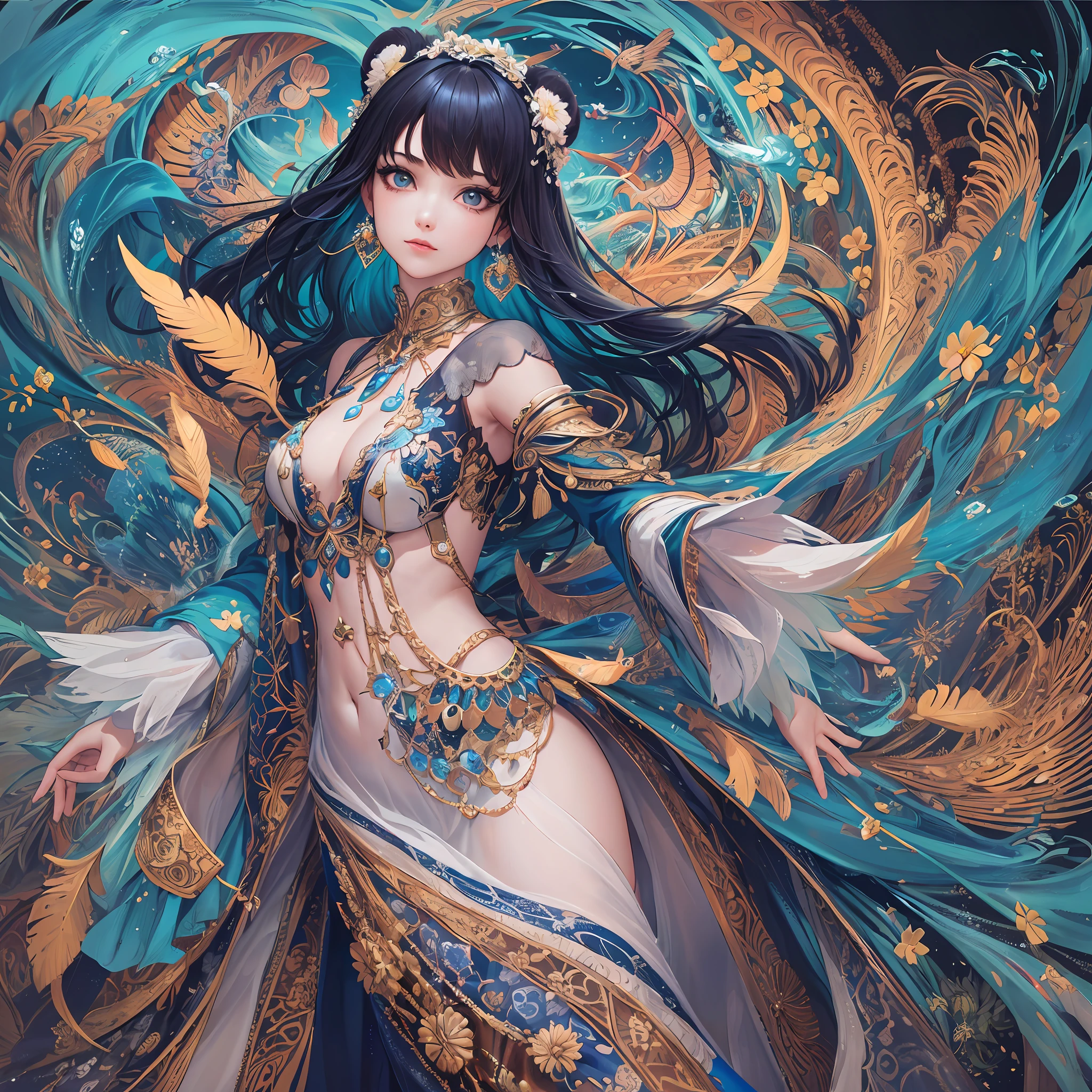 (Masterpiece, Top Quality, Best Quality, Official Art, Beautiful and Aesthetic: 1.2), (1 Girl: 1.3), Very Detailed, White and Blue, (Fractal Art: 1.1), (Flower: 1.3), Supreme Detail, (Zentangle: 1.2), (Dynamic Pose), (Abstract Background: 1.3), (Shiny Skin), (Many Colors: 1.4), (Earrings), (Feathers: 1.5), (Water Flow: 1.3), jewels, long dress sleeves, long hair, wrapped in light, vivid background, phoenix dress, vivid eyes, panda ears, sunrise