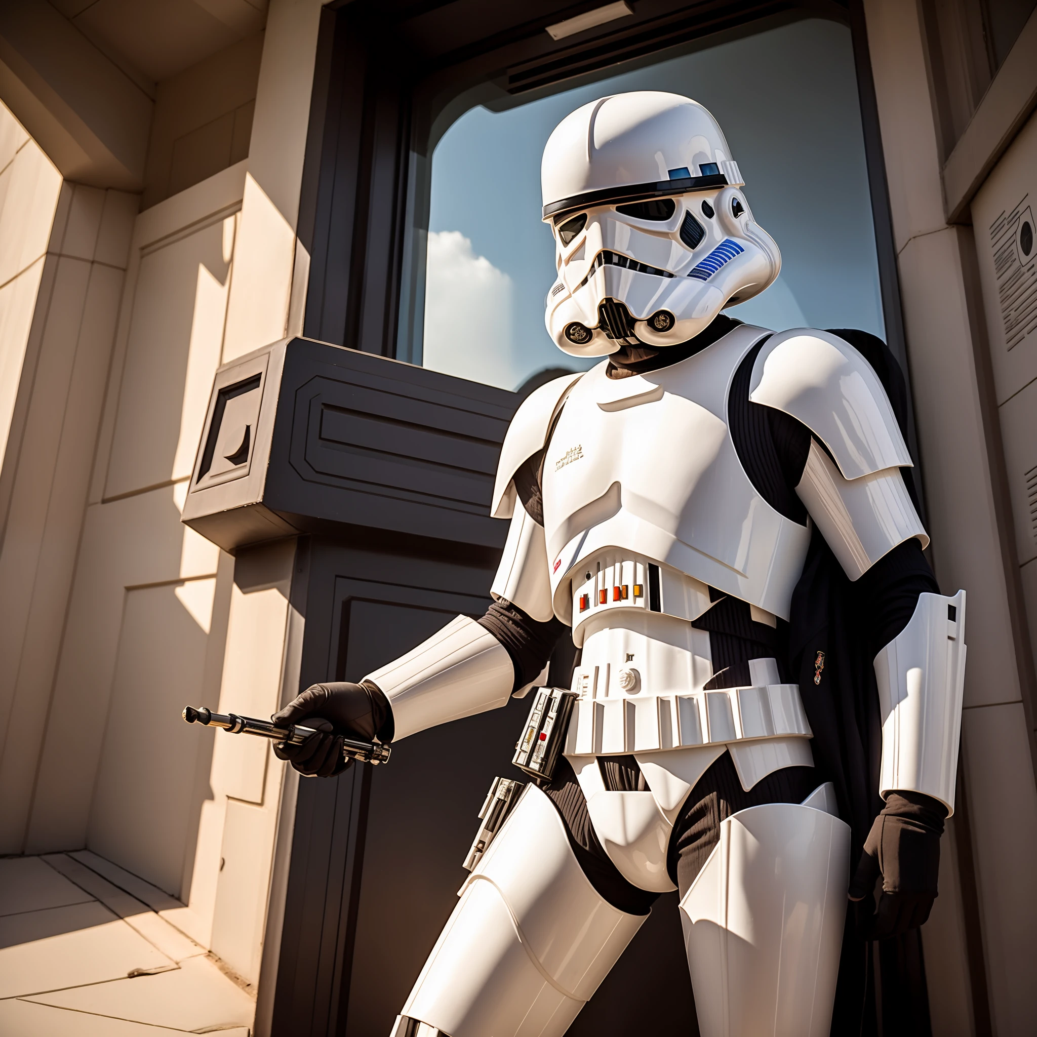 Araffe dressed in a stormtrooper costume outside a building, wearing shiny stormtrooper armor, a Star Wars imperial agent, wearing stormtrooper armor!, imperial Star Wars style, storm trooper, stormtrooper, trooper, female stormtrooper, stormtroopers, Star Wars character