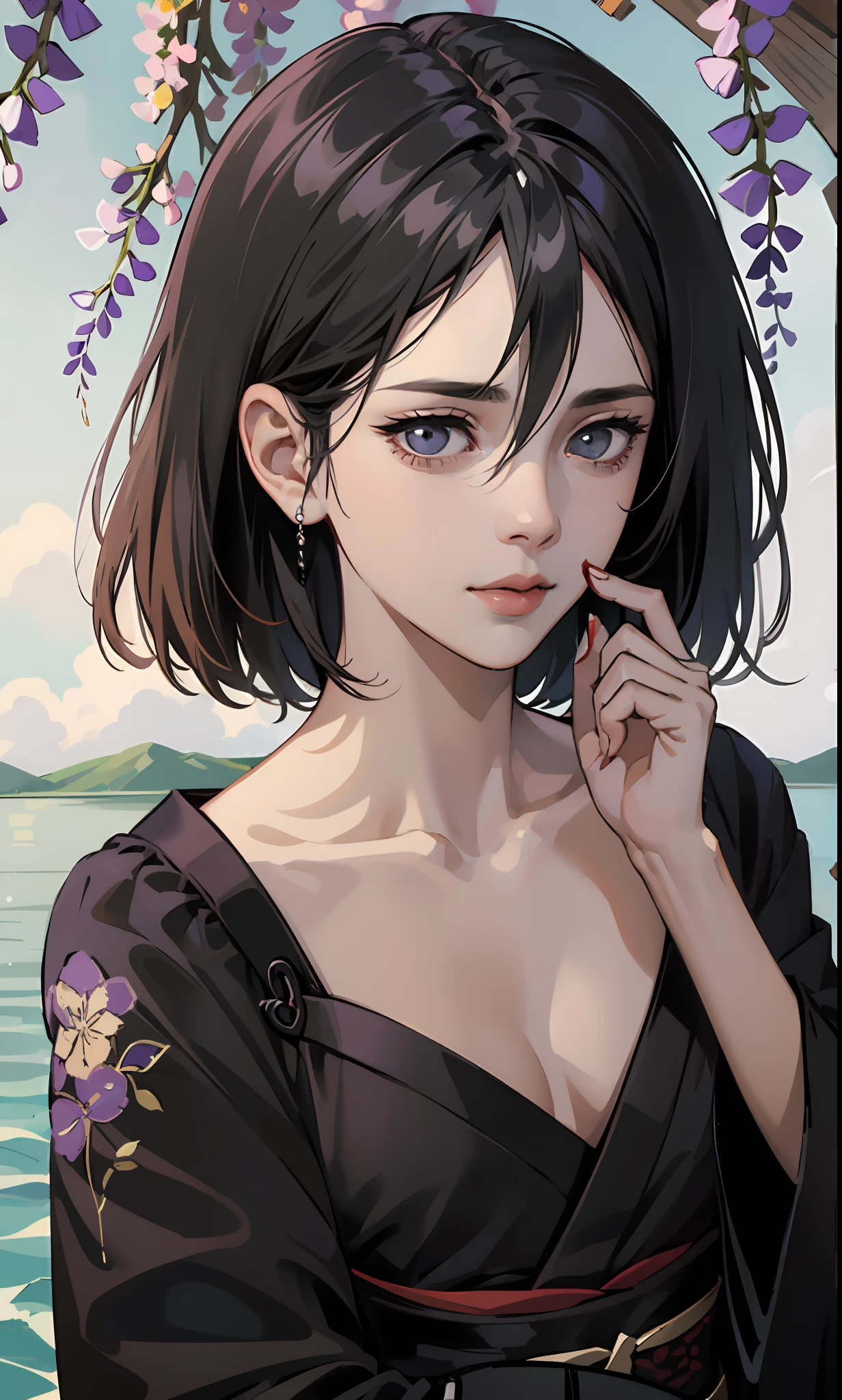 masterpiece, (black kimono), seductive face, good lighting, décolleté, small details, masterpiece, glowing eyes, 1girl, black hair, on face, Mikasa Ackerman , wisteria background, masterpiece, best quality, POV, erotica , laying on the water , blood , creepy